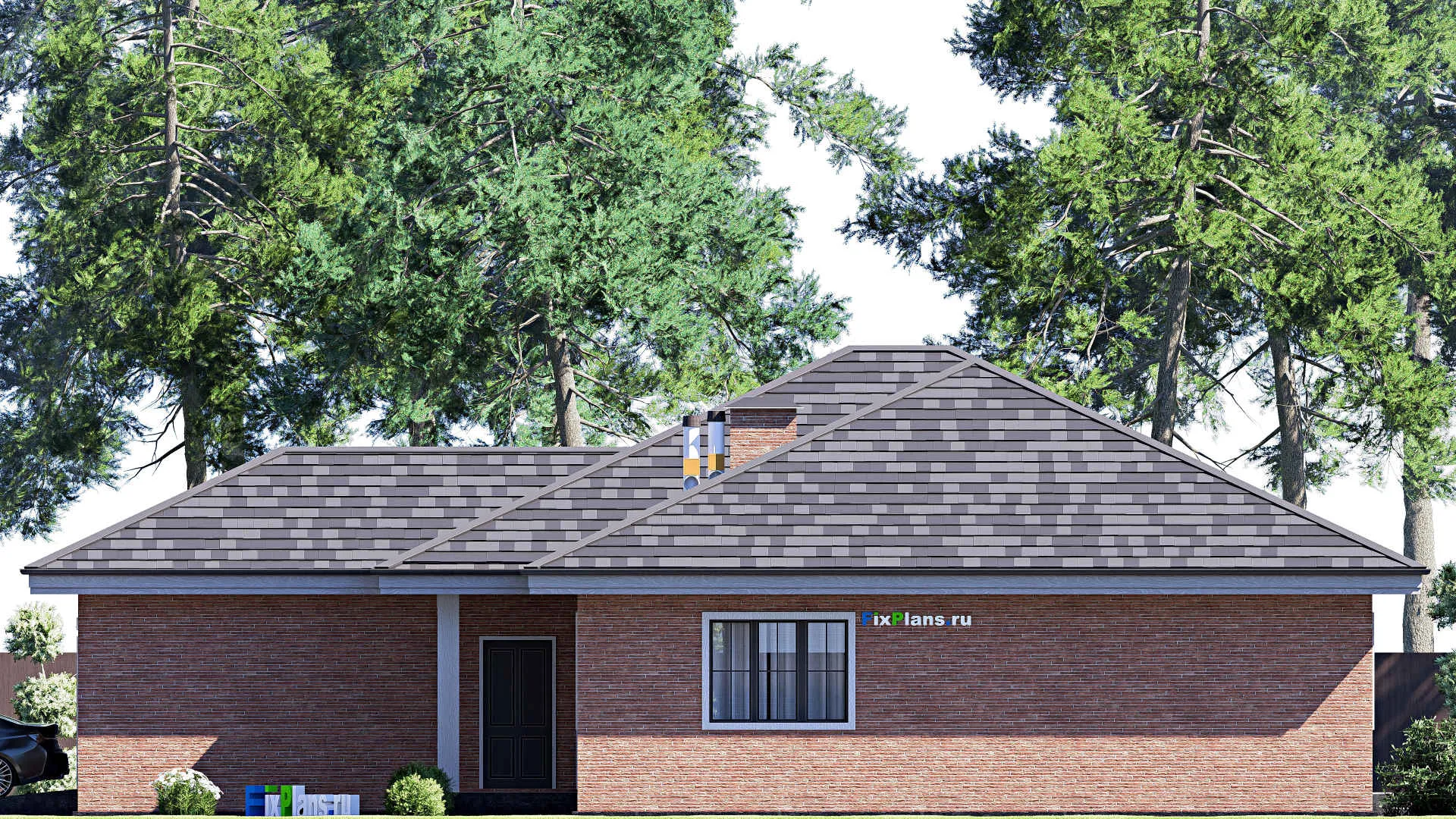 F-19700 - Проект одноэтажного дома 18 на 19, площадью 200 м² с террасой, гаражом на 2 машины и 2 спальнями