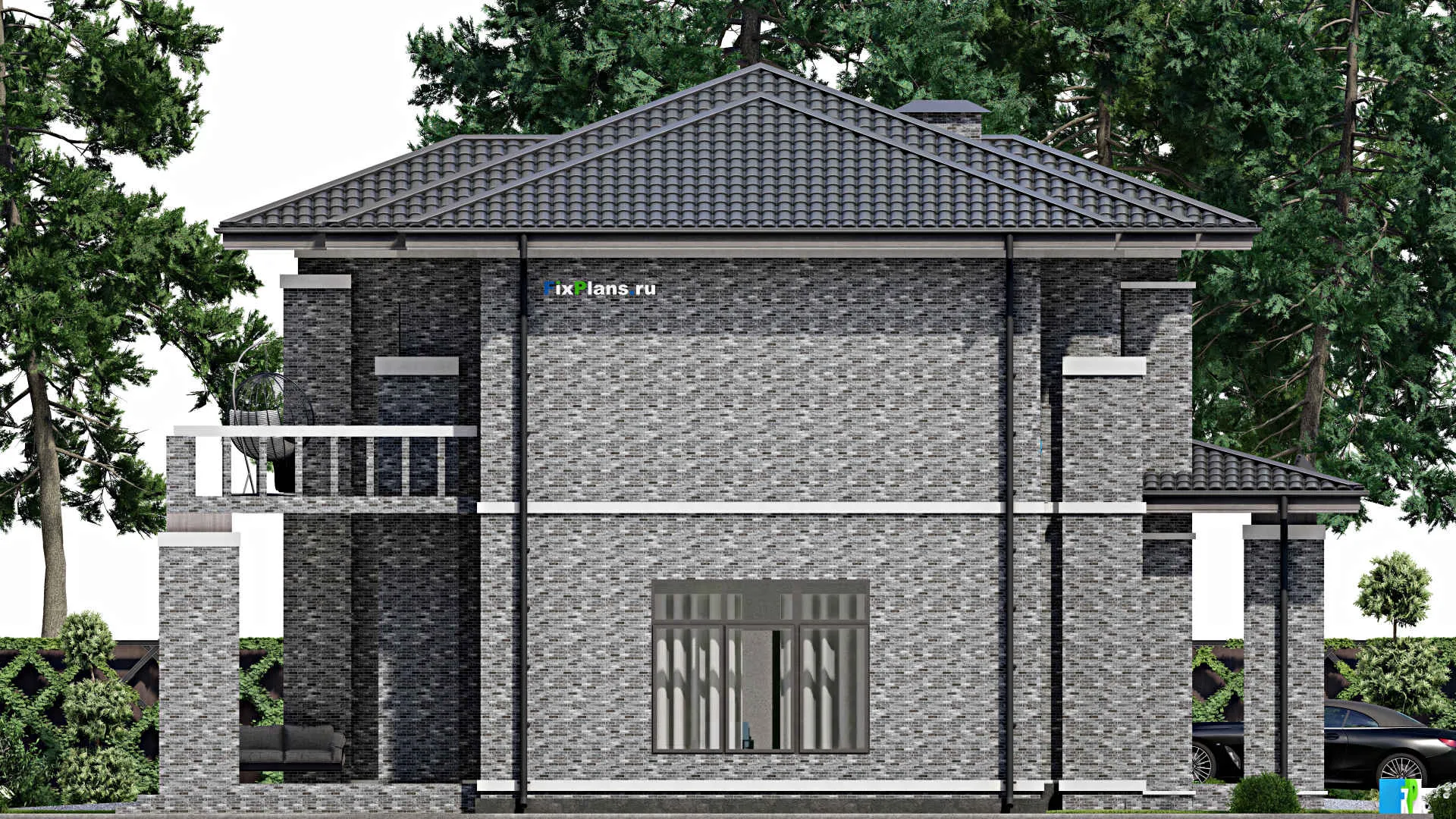 F-4436 - Проект двухэтажного дома 16 на 23, площадью 320 м² с террасой, балконом, гаражом на 1 машину и 4 спальнями