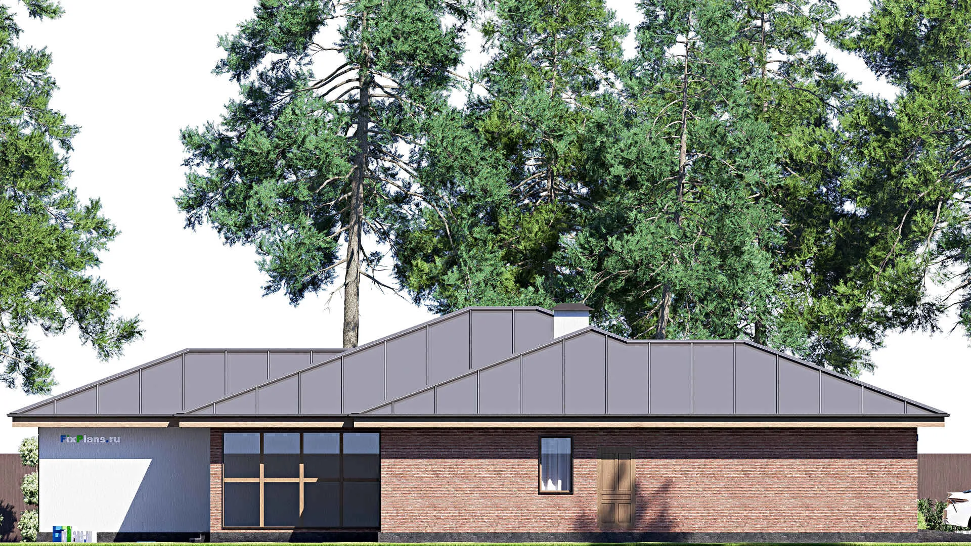 F-18692 - Проект одноэтажного дома 18 на 23, площадью 260 м² с террасой, баней, гаражом на 2 машины и 4 спальнями