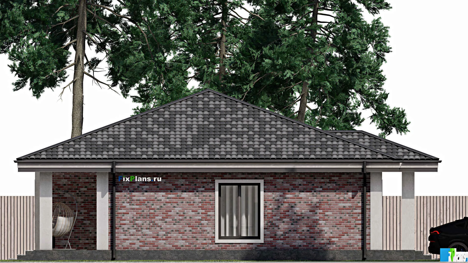 F-1862 - Проект одноэтажного дома 13 на 13, площадью 130 м² с террасой и 3 спальнями