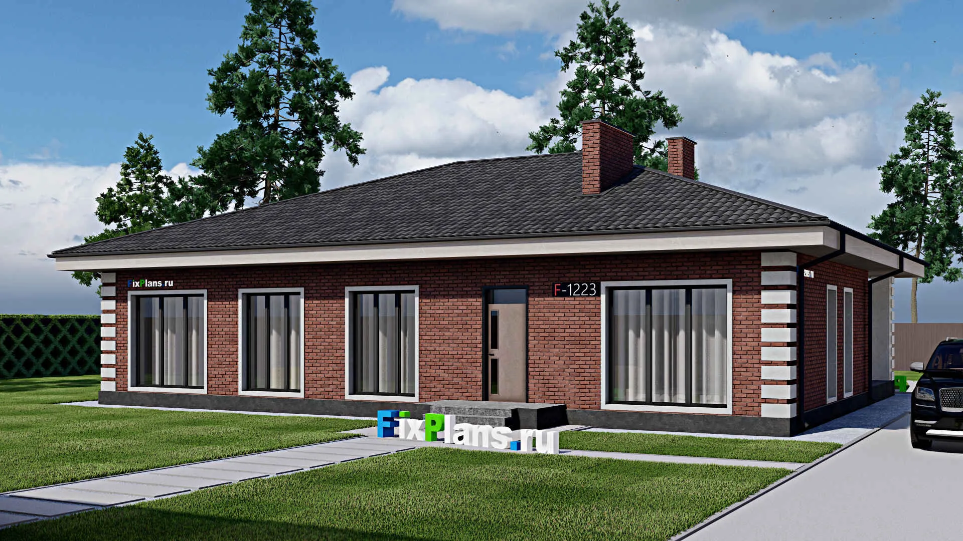 F-1223 - Проект одноэтажного дома 14 на 18, площадью 200 м² с баней и 4 спальнями