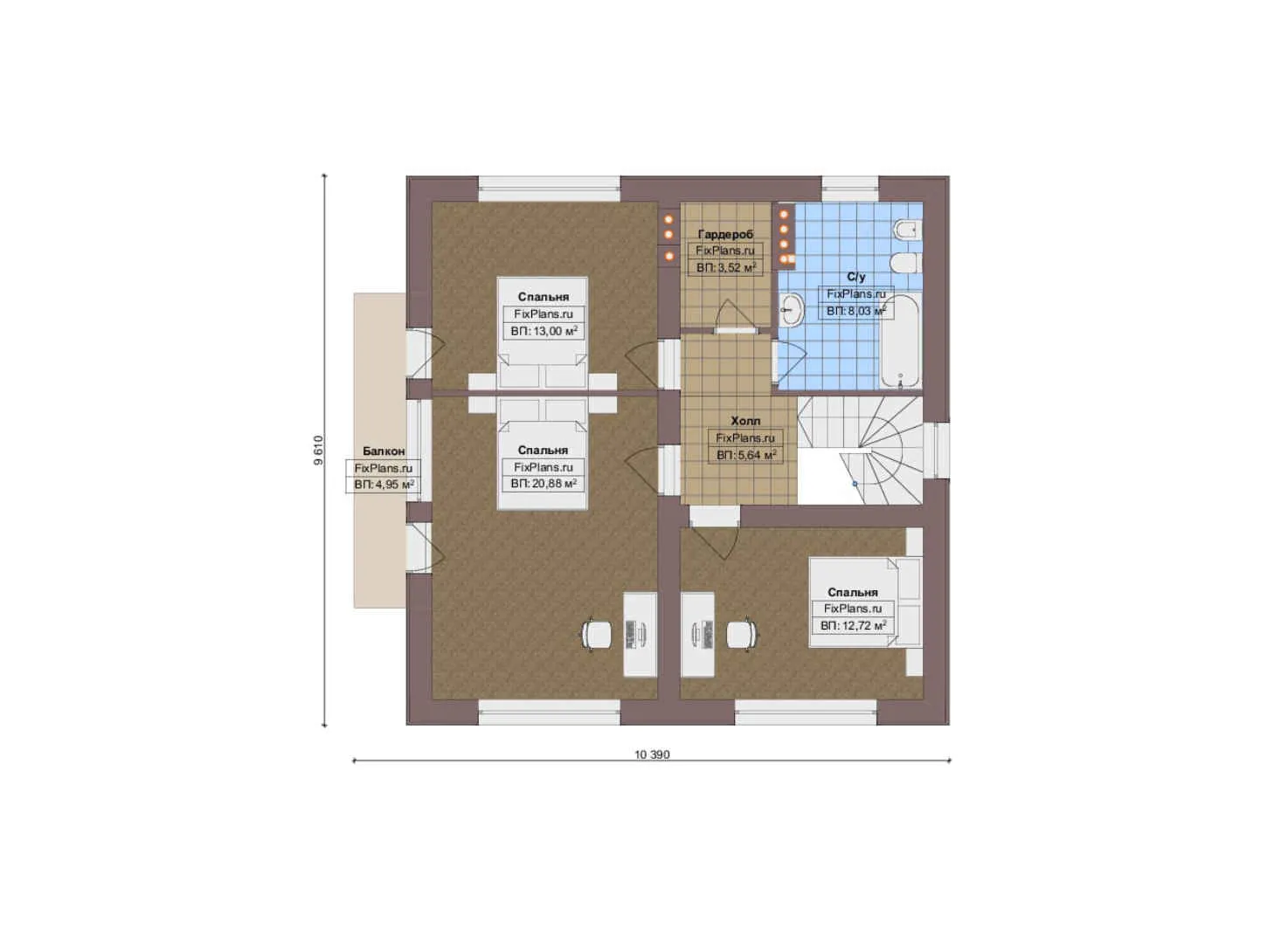 F-19502 - Планы дома с мансардой 10 на 14, площадью 160 м² с террасой, балконом и 4 спальнями