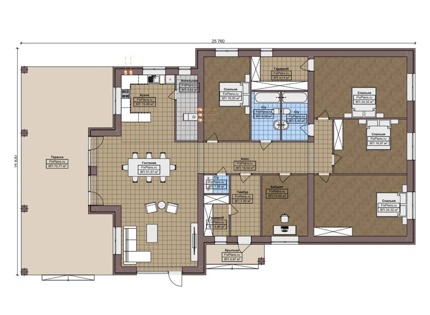 F-8441 - План одноэтажного дома 15 на 26, площадью 300 м² с террасой и 4 спальнями