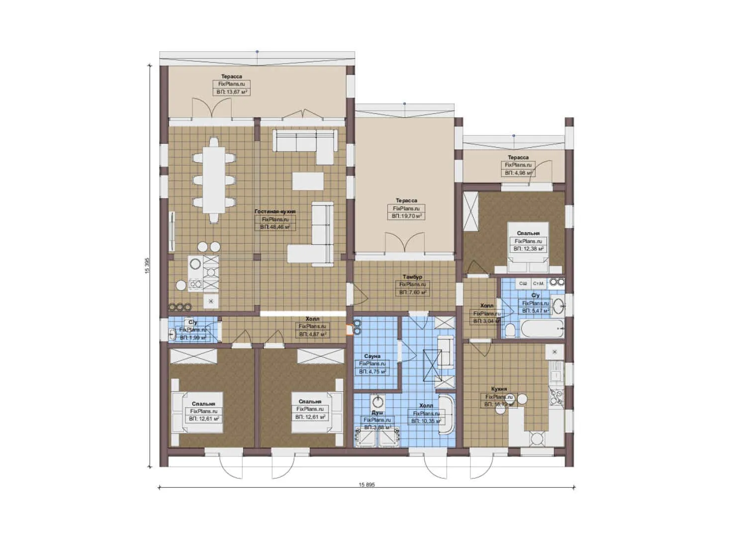 F-12752 - План одноэтажного дома 16 на 16, площадью 190 м² с террасой, баней и 3 спальнями