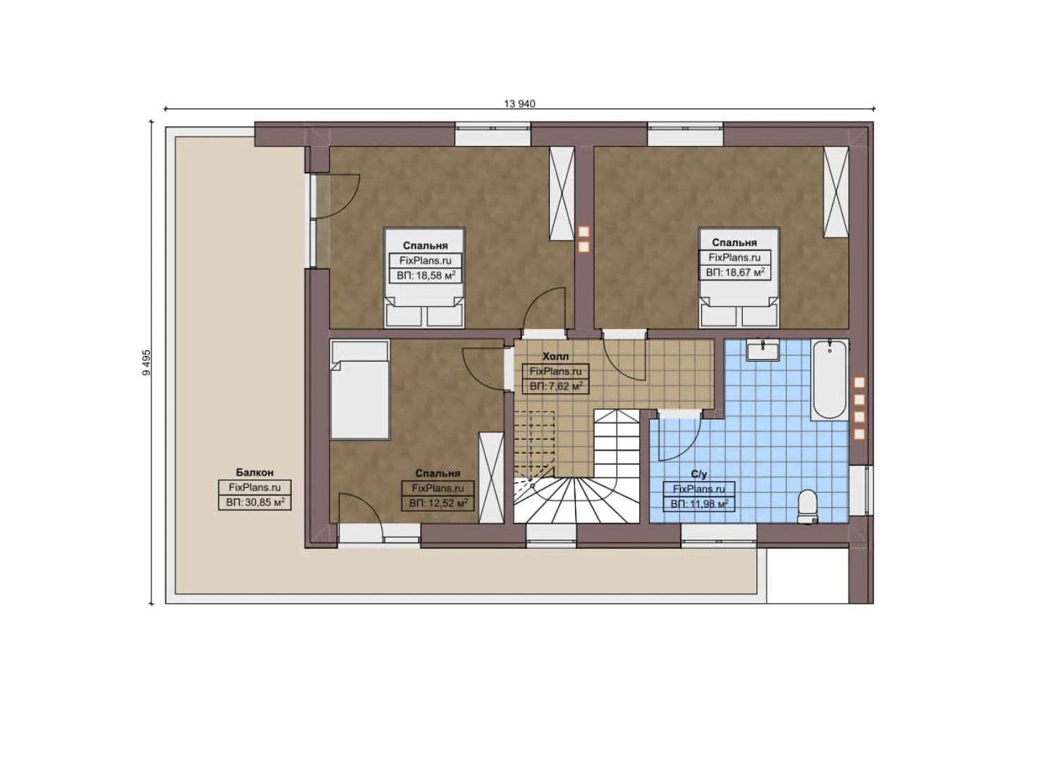 F-8189 - Планы двухэтажного дома 10 на 14, площадью 230 м² с террасой, балконом и 2 спальнями