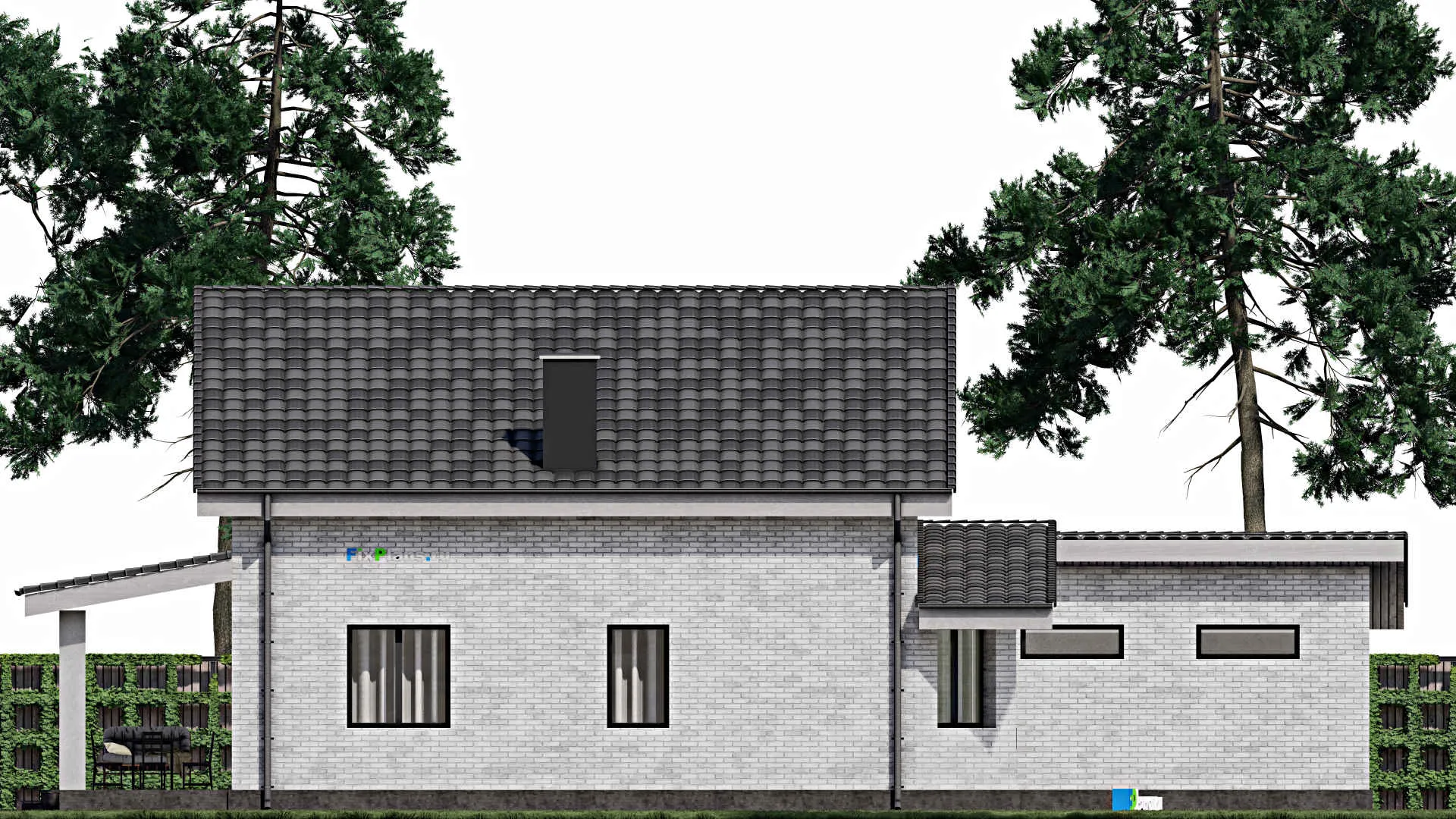 F-1421 - Проект дома с мансардой 17 на 17, площадью 240 м² с террасой, гаражом на 1 машину и 3 спальнями