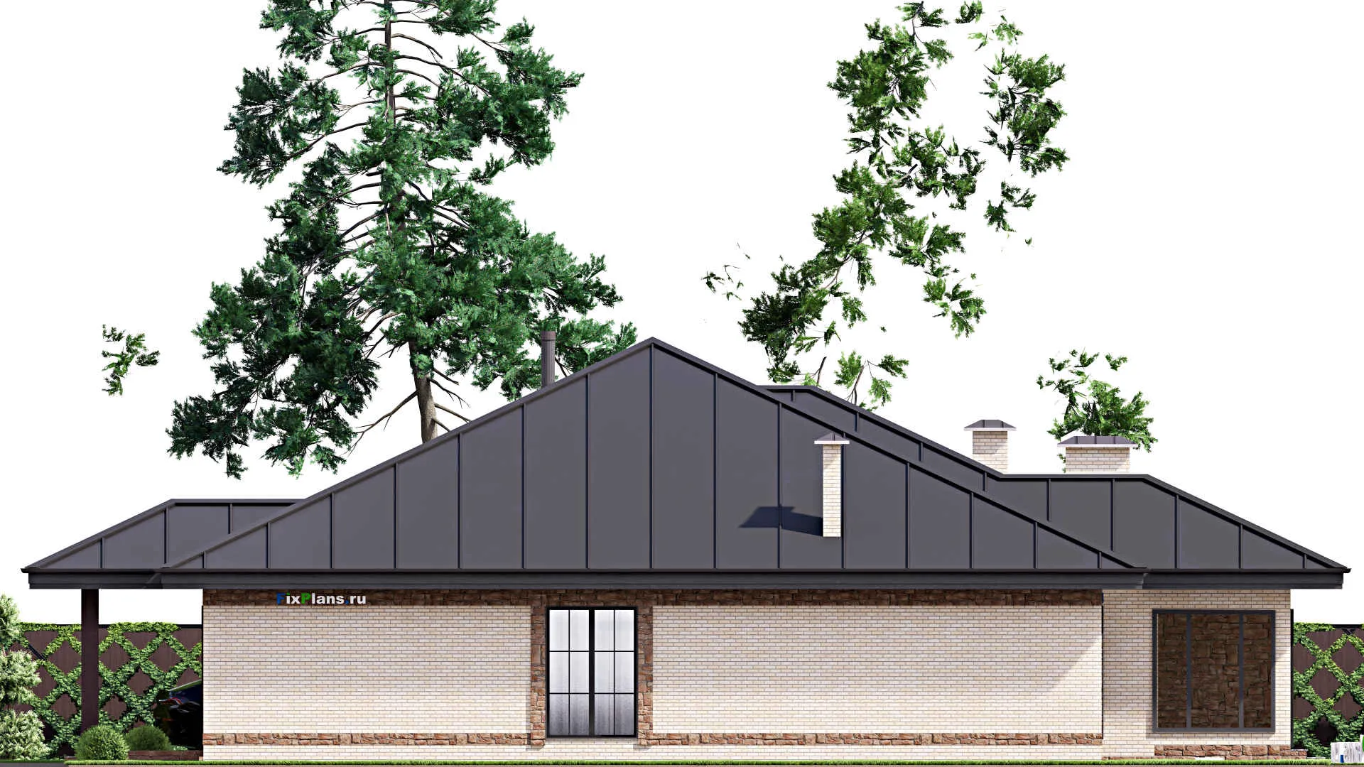 F-13958 - Проект одноэтажного дома 17 на 21, площадью 210 м² с террасой, гаражом на 2 машины и 3 спальнями