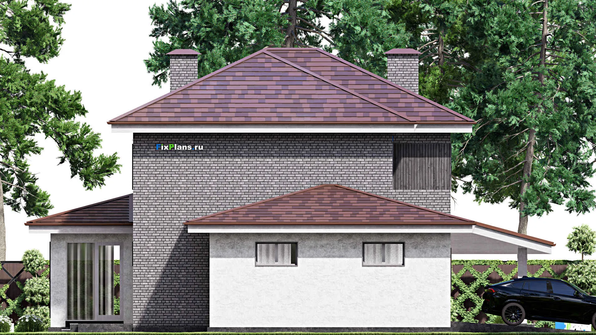 F-15191 - Проект двухэтажного дома 16 на 18, площадью 270 м² с террасой, гаражом на 2 машины и 4 спальнями