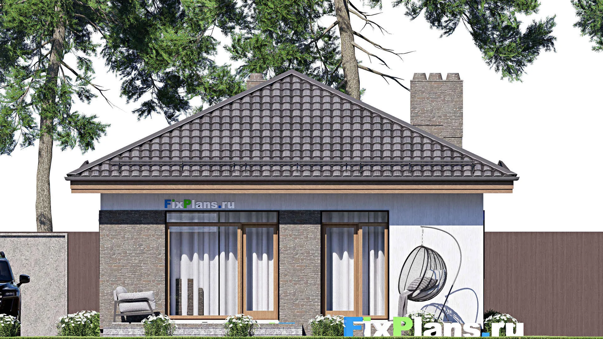 F-16442 - Проект одноэтажного дома 9 на 15, площадью 90 м² с террасой и 1 спальнями