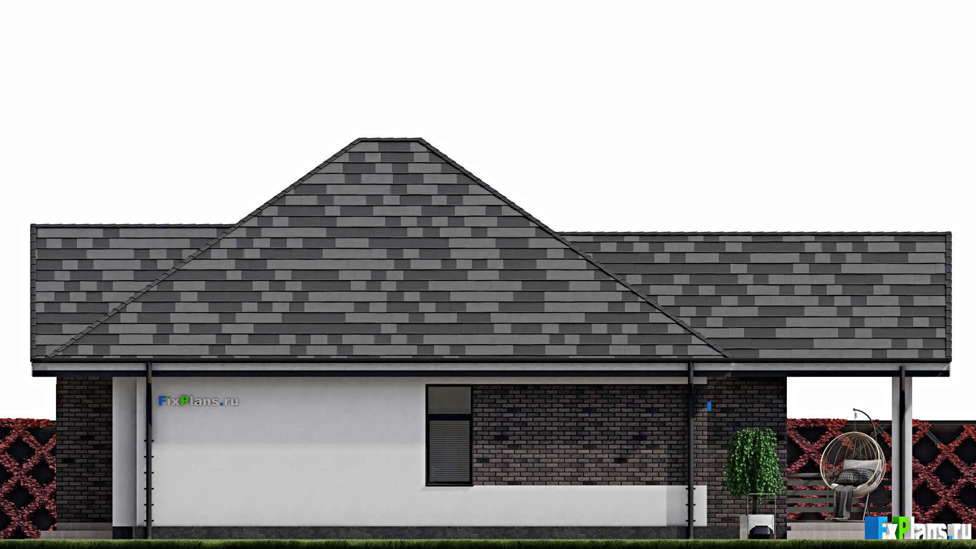 F-0152 - Проект одноэтажного дома 14 на 14, площадью 140 м² с террасой и 3 спальнями