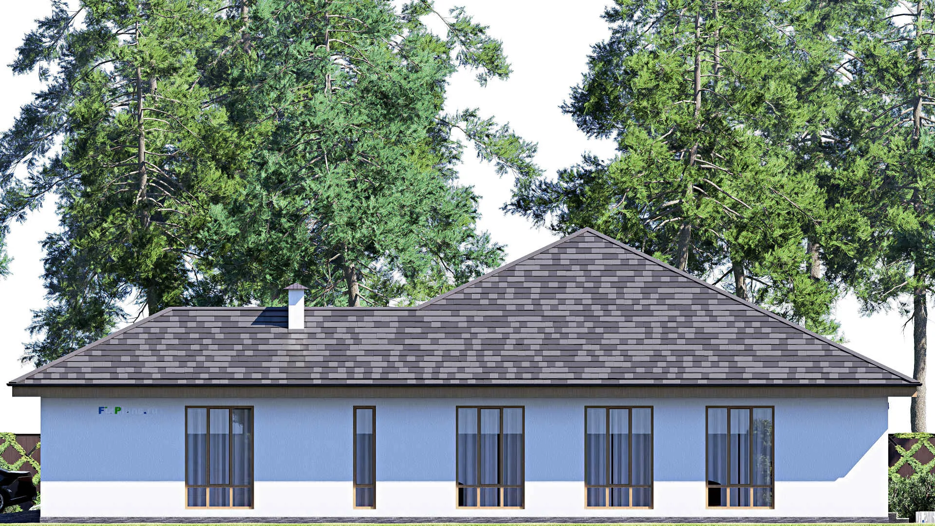 F-19250 - Проект одноэтажного дома 17 на 23, площадью 260 м² с террасой, гаражом на 2 машины и 4 спальнями