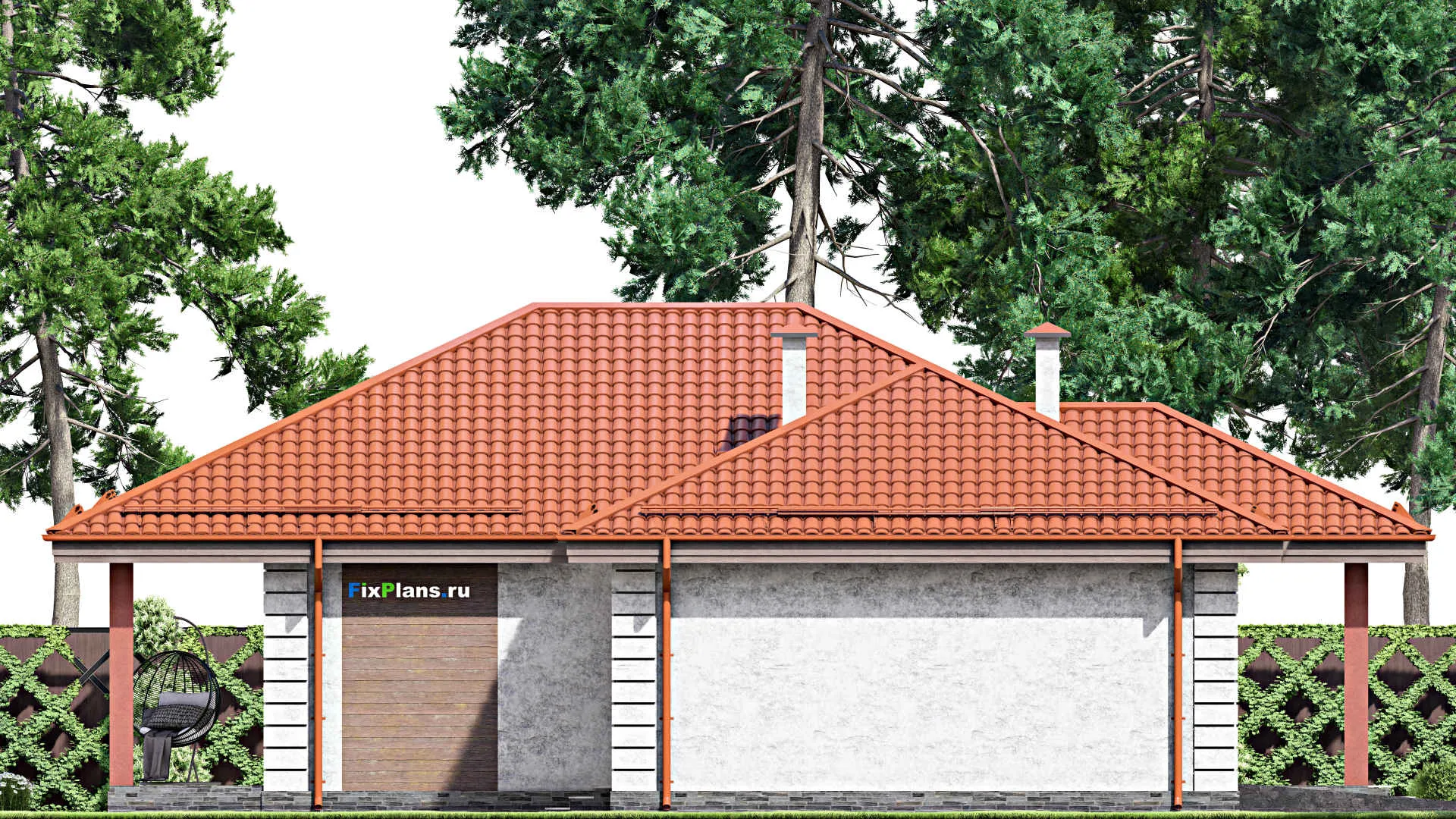 F-13877 - Проект одноэтажного дома 16 на 16, площадью 170 м² с террасой, гаражом на 1 машину и 3 спальнями