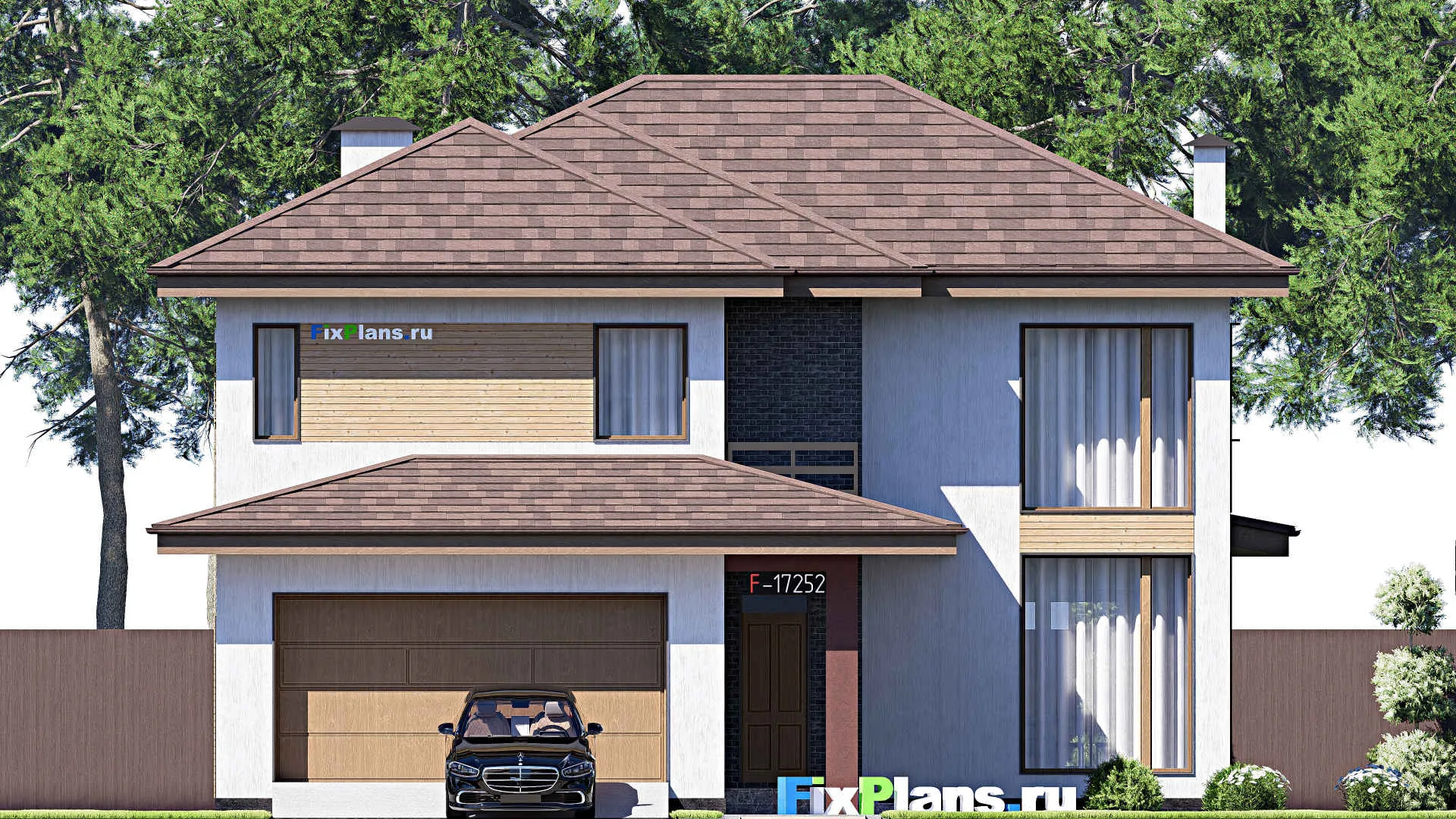 F-17252 - Проект двухэтажного дома 13 на 21, площадью 280 м² с террасой, балконом, баней, гаражом на 2 машины и 3 спальнями