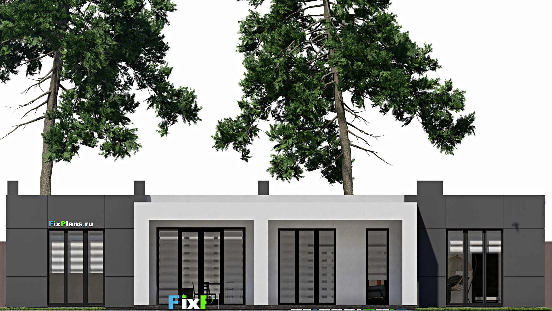 F-1079 - План одноэтажного дома 14 на 19, площадью 220 м² с террасой, гаражом на 1 машину и 3 спальнями