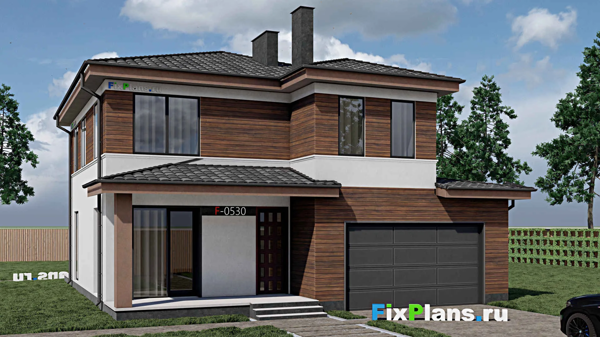 F-0530 - Проект двухэтажного дома 12 на 13, площадью 220 м² с террасой, гаражом на 1 машину и 4 спальнями
