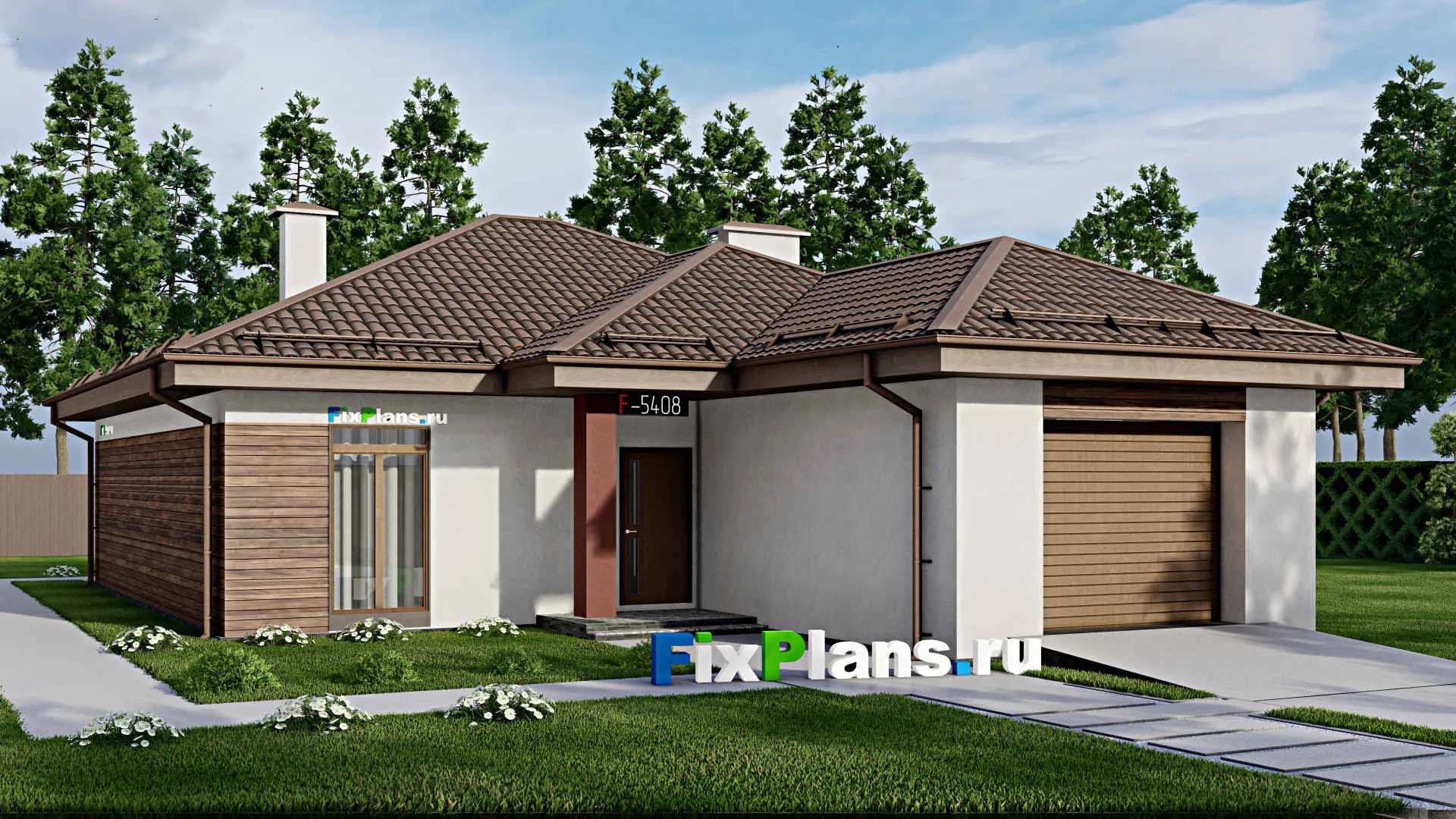 F-5408 - Проект одноэтажного дома 12 на 19, площадью 150 м² с террасой, гаражом на 1 машину и 3 спальнями