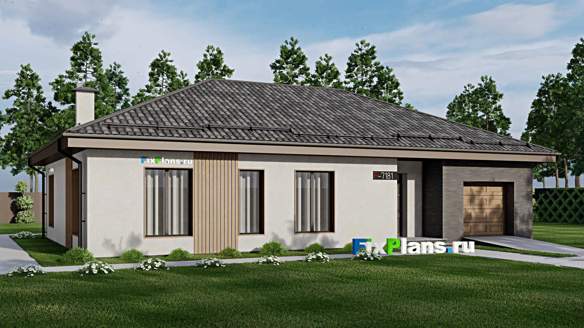 F-7181 - Проект одноэтажного дома 14 на 17, площадью 170 м² с террасой, гаражом на 1 машину и 3 спальнями