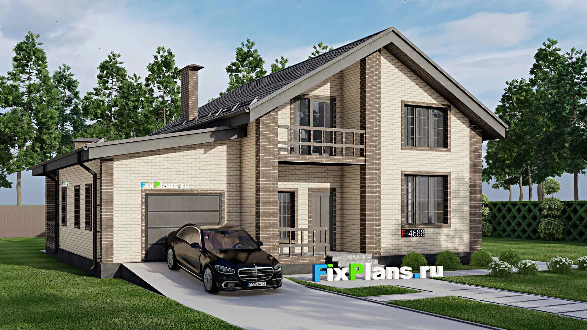 F-4688 - Проект дома с мансардой 12 на 14, площадью 200 м² с террасой, балконом, гаражом на 1 машину и 3 спальнями