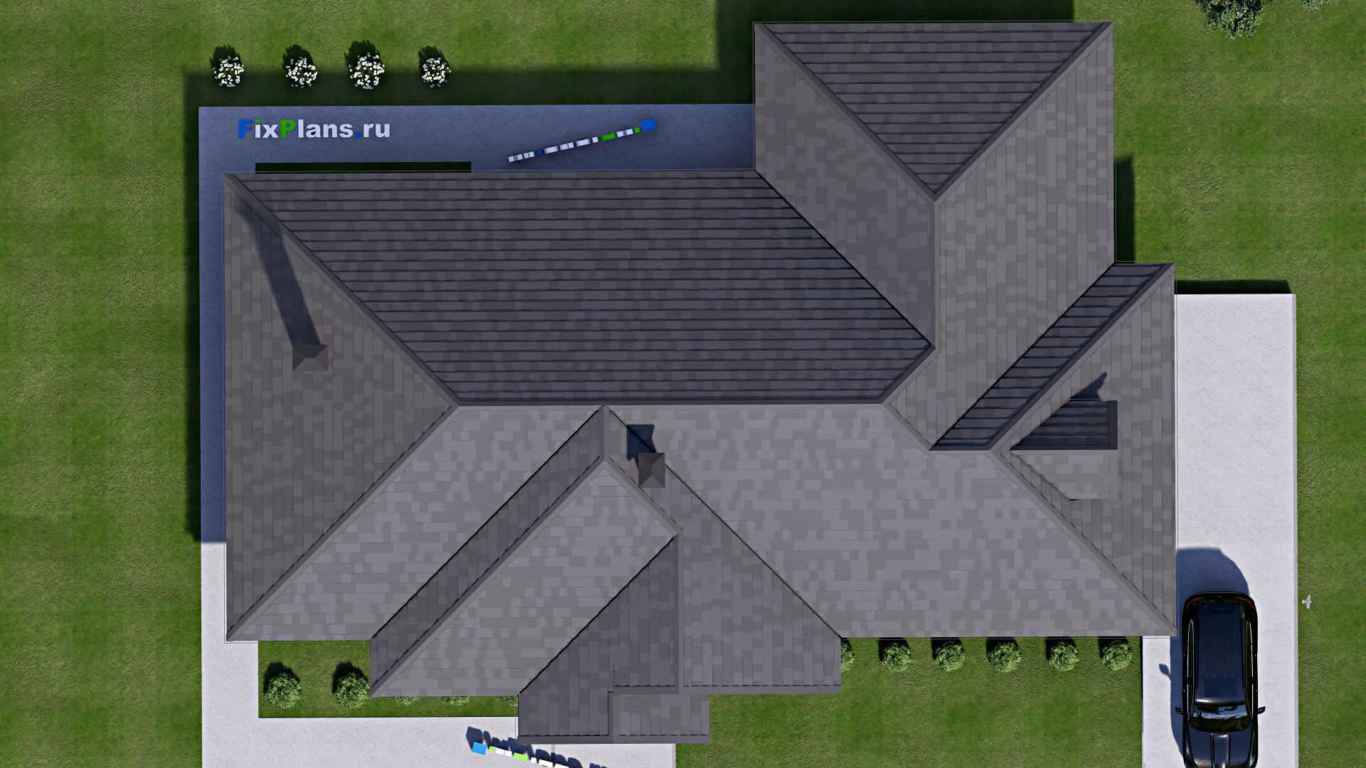 F-16910 - Проект одноэтажного дома 18 на 24, площадью 290 м² с террасой, гаражом на 2 машины и 4 спальнями