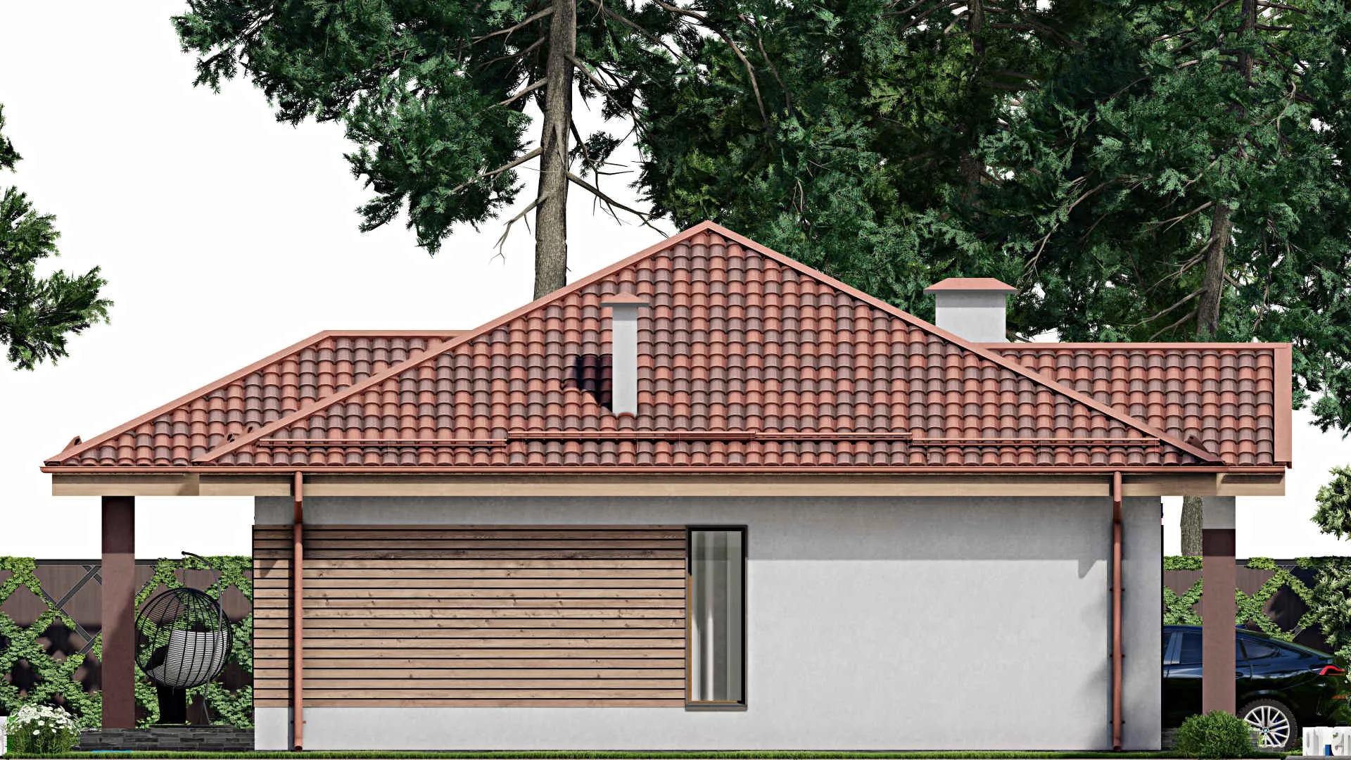 F-8648 - Проект одноэтажного дома 14 на 15, площадью 130 м² с террасой и 3 спальнями