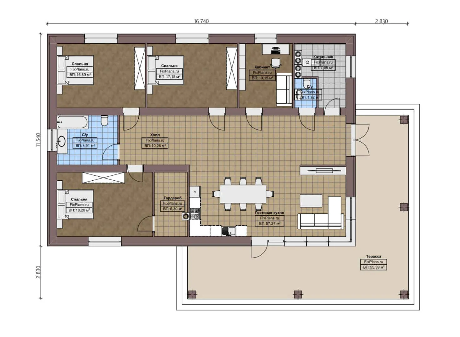 F-2249 - План одноэтажного дома 12 на 17, площадью 210 м² с террасой и 3 спальнями