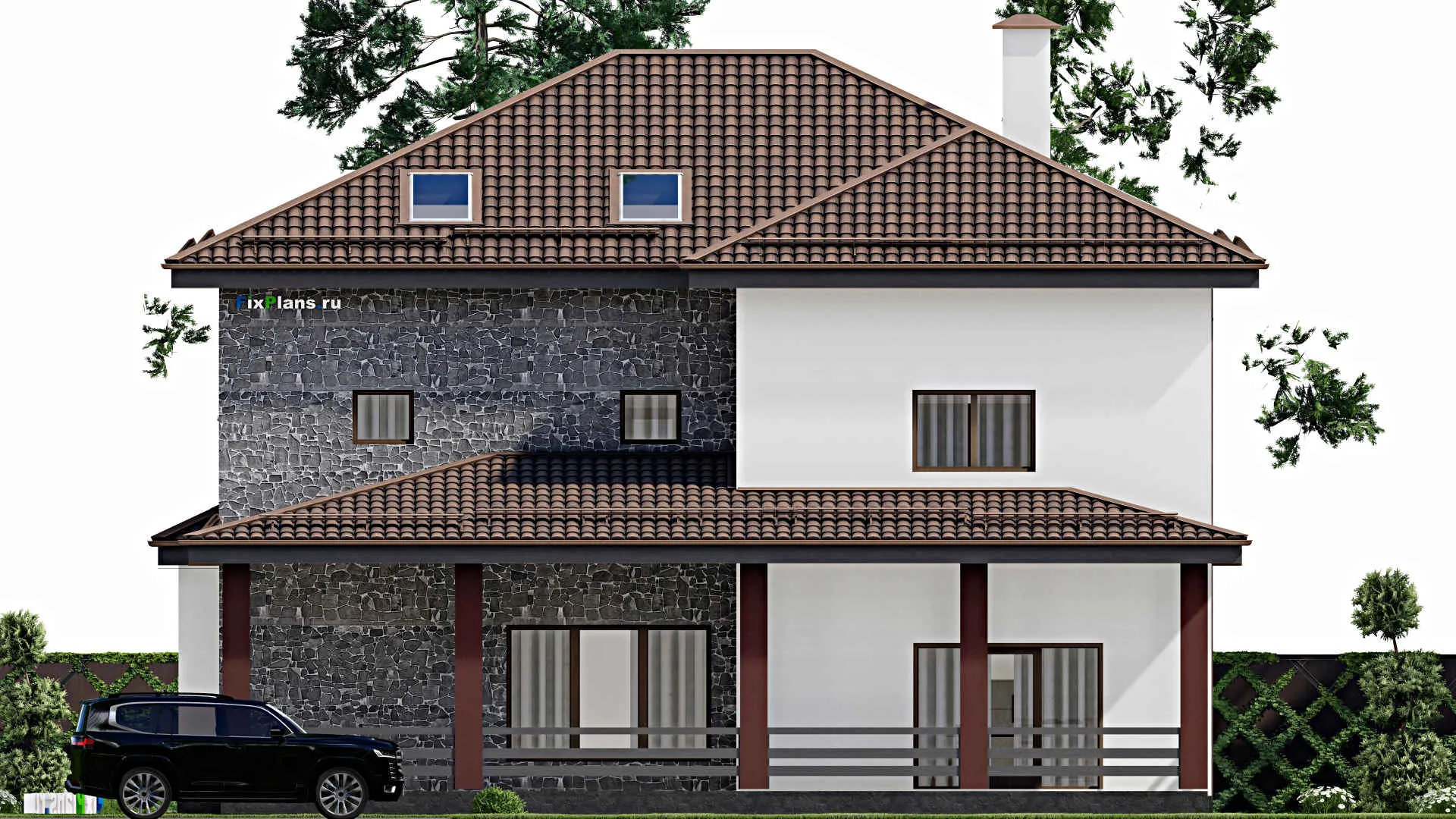 F-9944 - Проект двухэтажного дома 16 на 16, площадью 470 м² с террасой, балконом и 4 спальнями