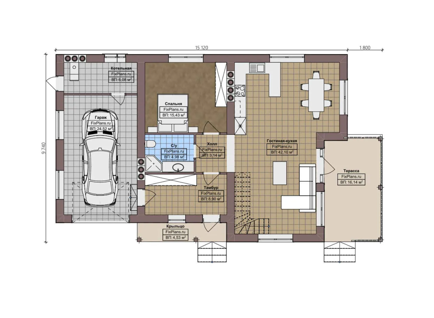F-3023 - Планы дома с мансардой 10 на 16, площадью 200 м² с террасой, гаражом на 1 машину и 4 спальнями