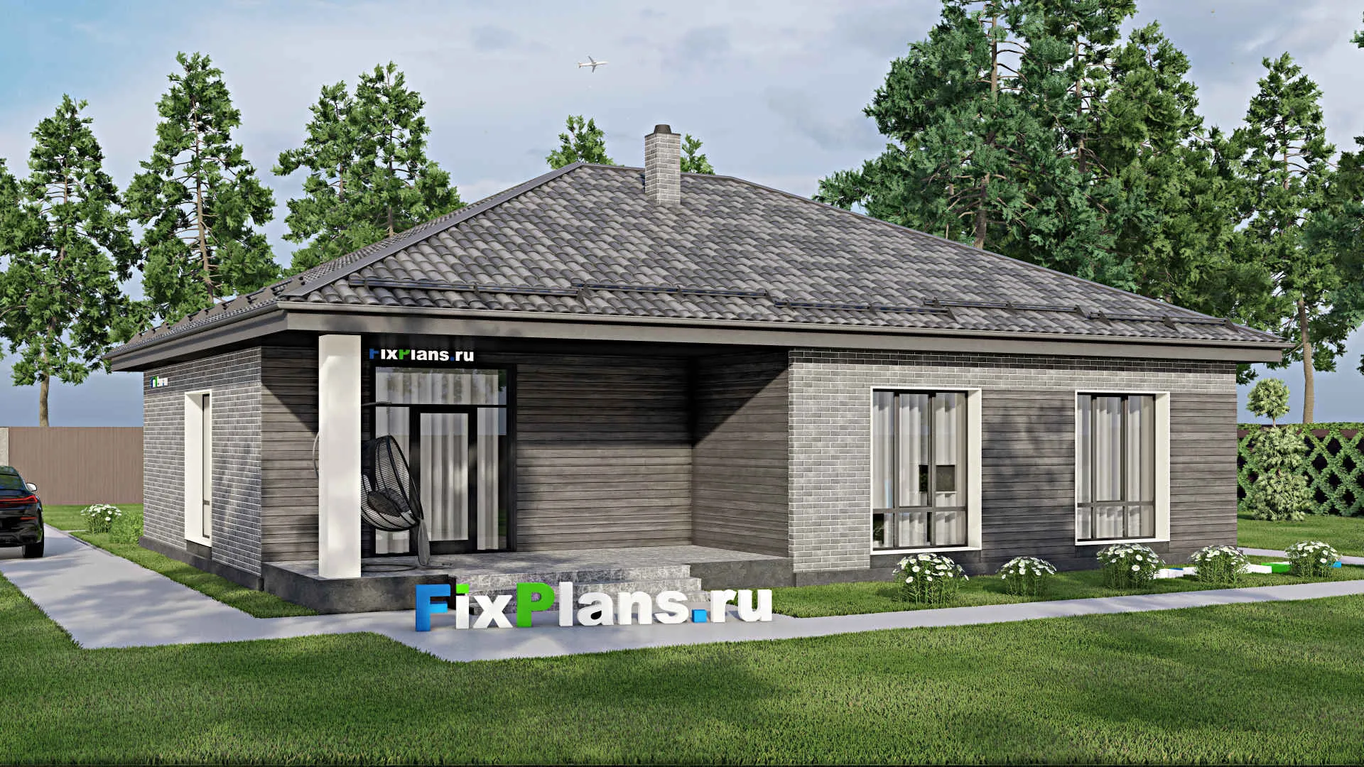 F-7532 - План одноэтажного дома 14 на 16, площадью 150 м² с террасой и 3 спальнями