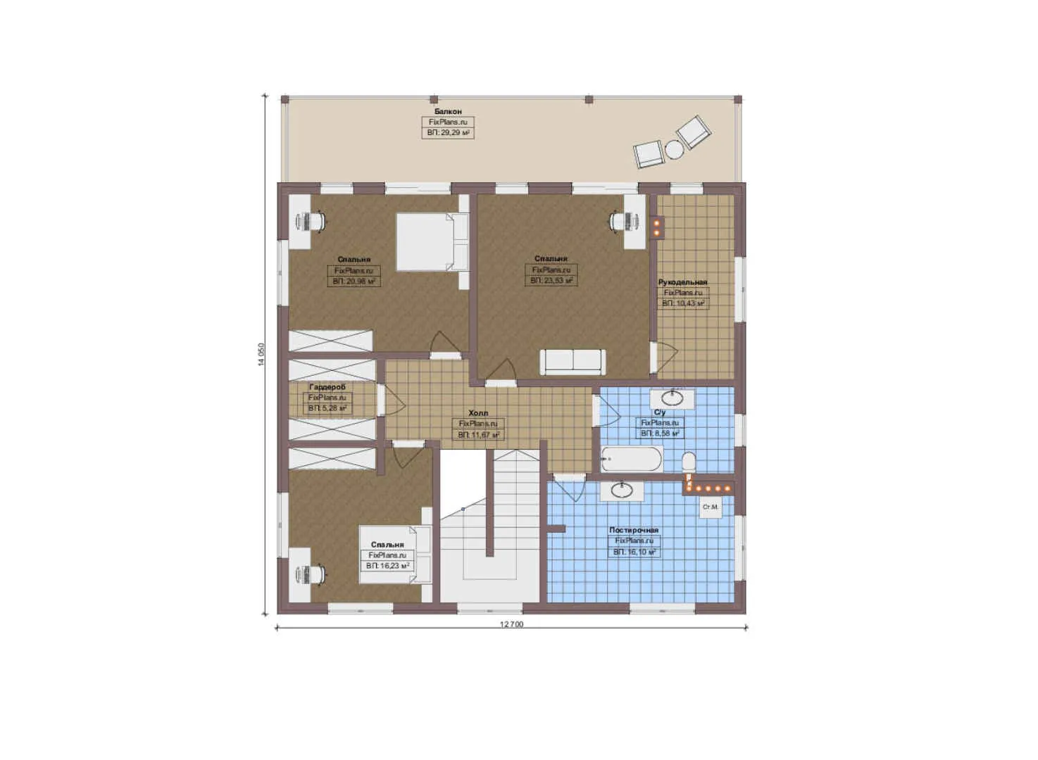 F-12707 - Планы двухэтажного дома 13 на 17, площадью 310 м² с террасой, балконом и 3 спальнями