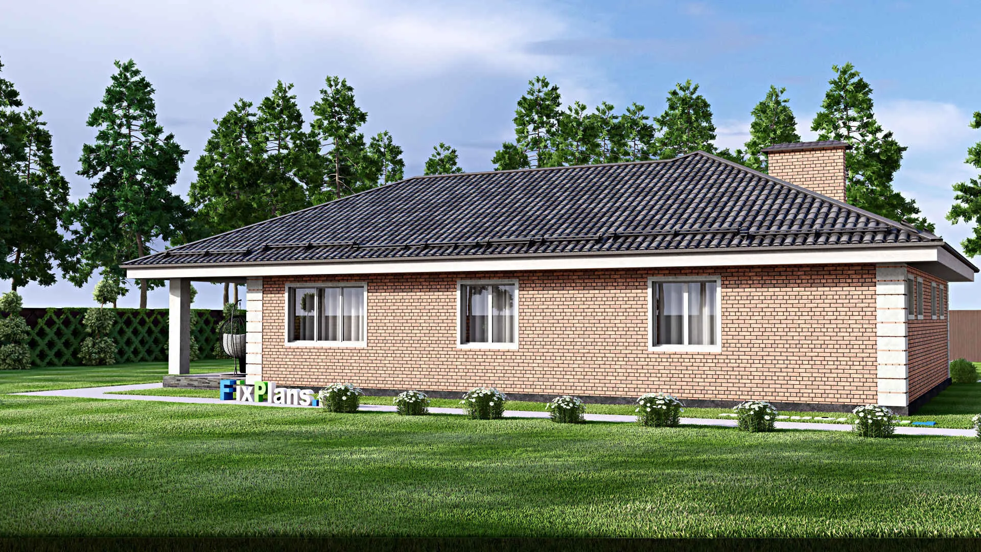 F-12545 - Проект одноэтажного дома 12 на 20, площадью 180 м² с террасой, гаражом на 1 машину и 3 спальнями