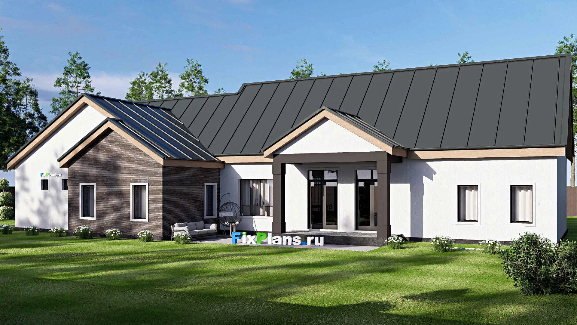 F-20672 - Проект одноэтажного дома 16 на 27, площадью 270 м² с террасой, гаражом на 2 машины и 3 спальнями