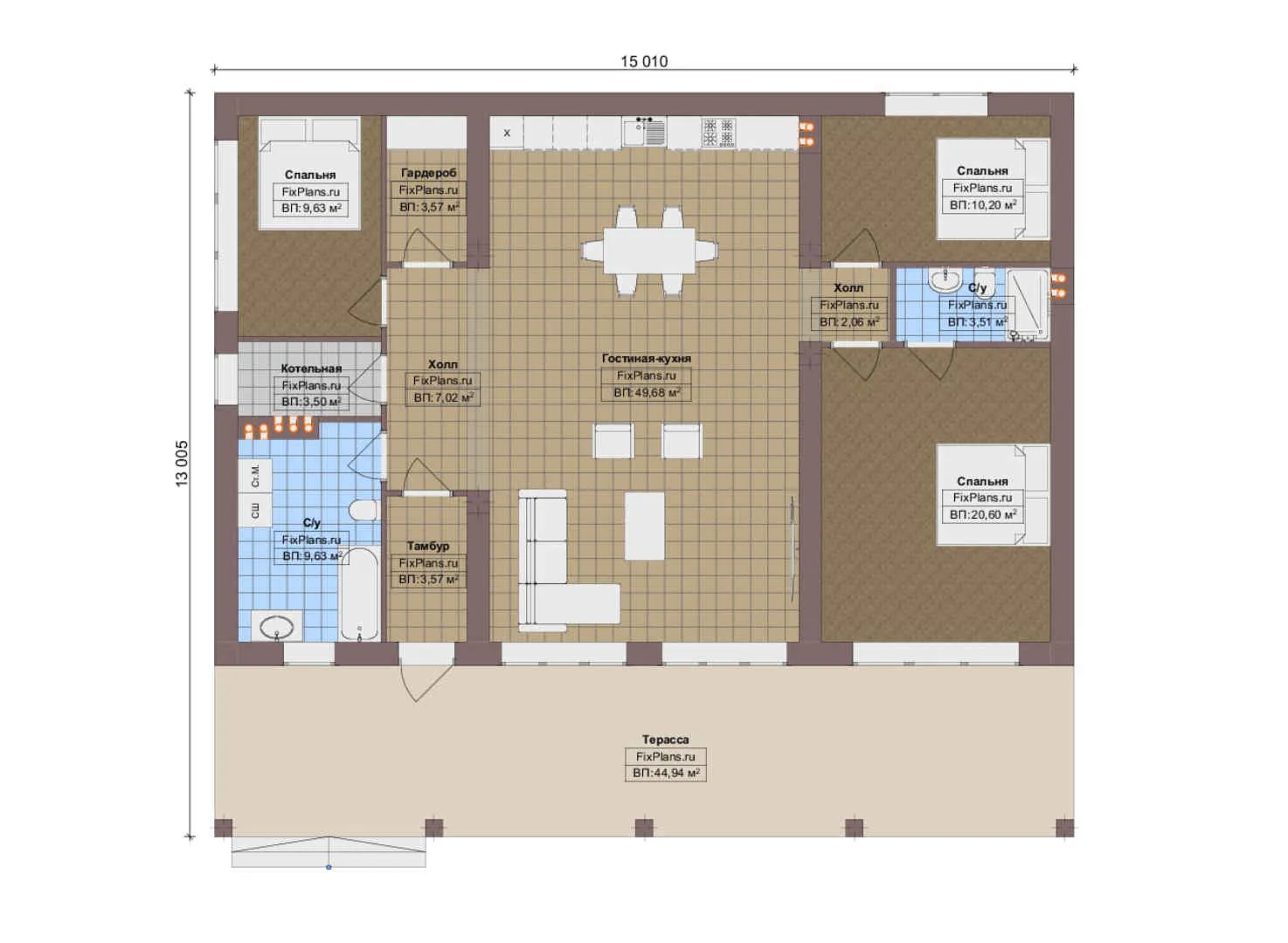F-13373 - План одноэтажного дома 14 на 16, площадью 170 м² с террасой и 3 спальнями