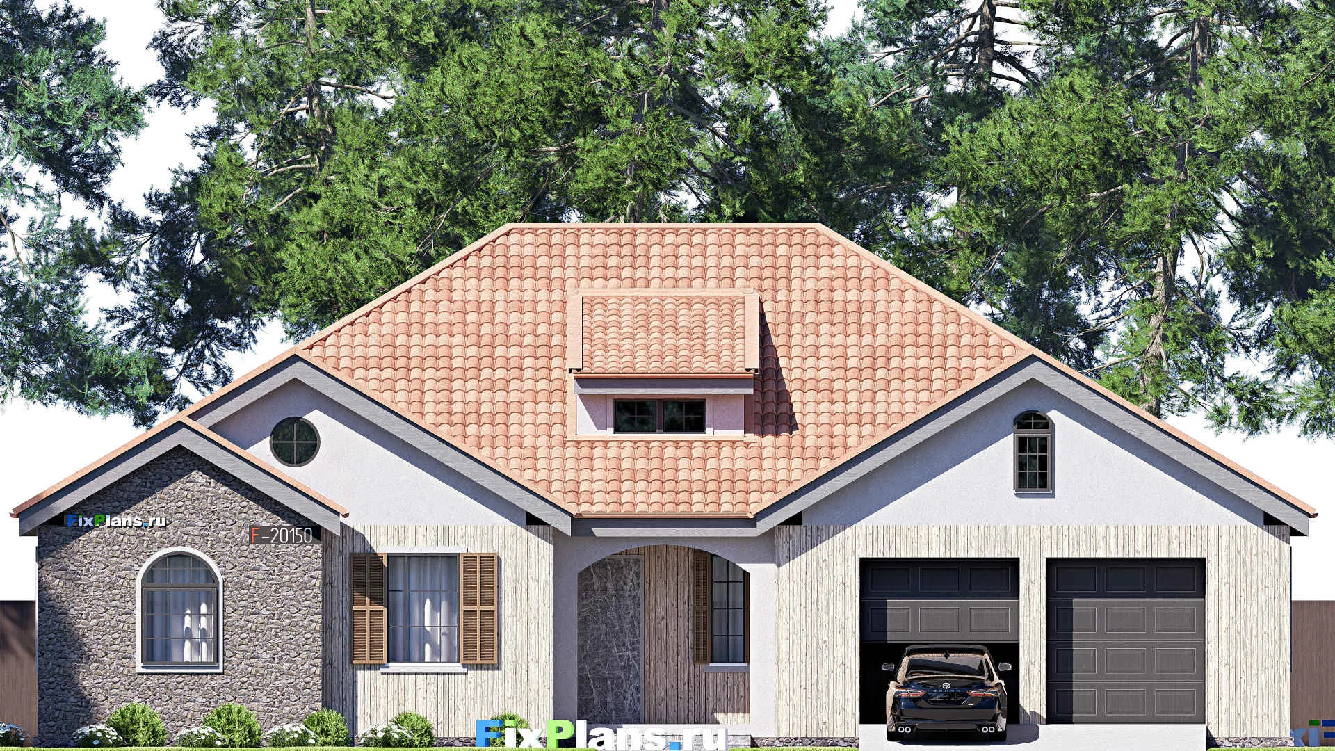 F-20150 - План одноэтажного дома 18 на 20, площадью 270 м² с террасой, гаражом на 2 машины и 2 спальнями