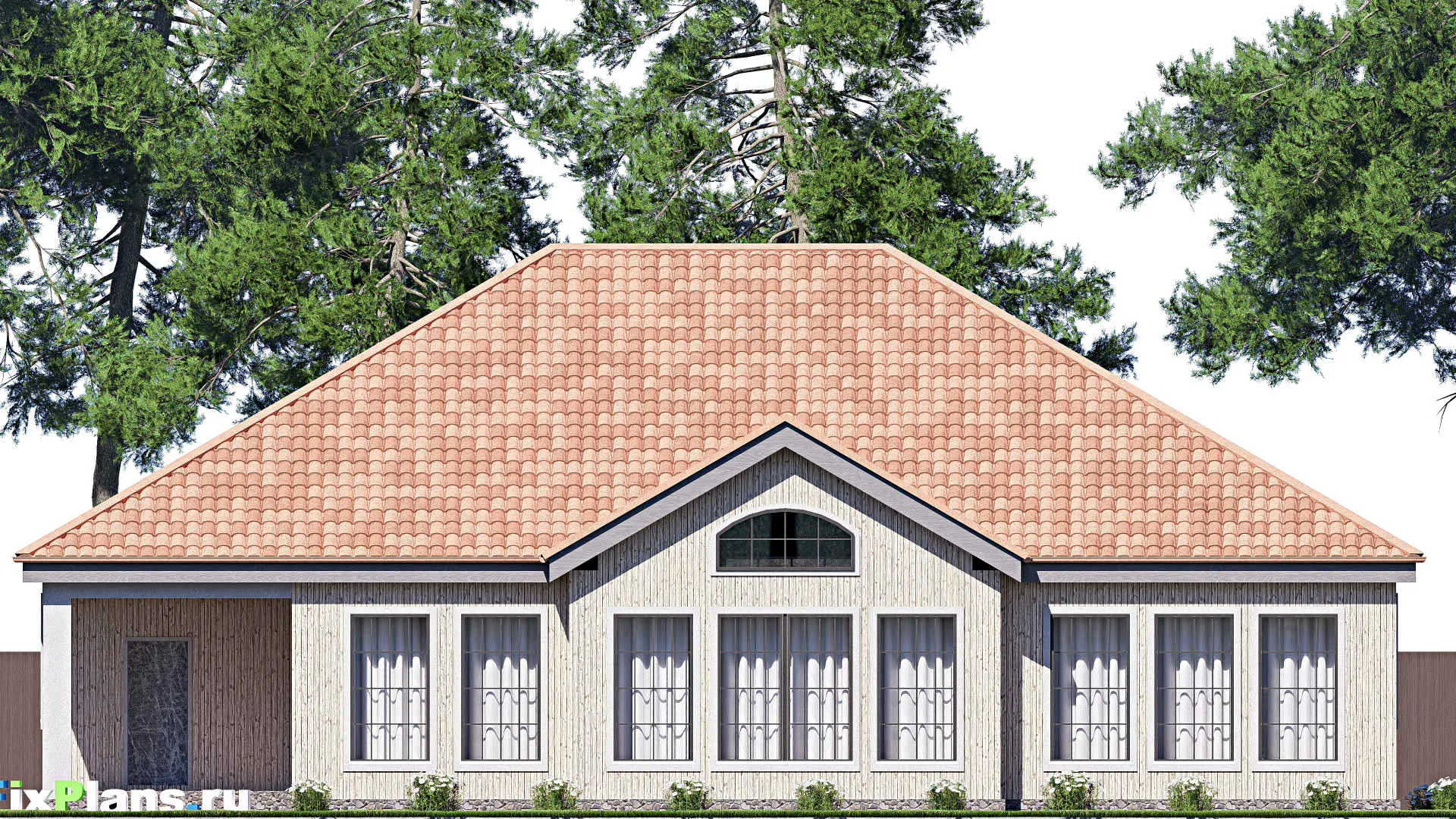 F-20150 - План одноэтажного дома 18 на 20, площадью 270 м² с террасой, гаражом на 2 машины и 2 спальнями