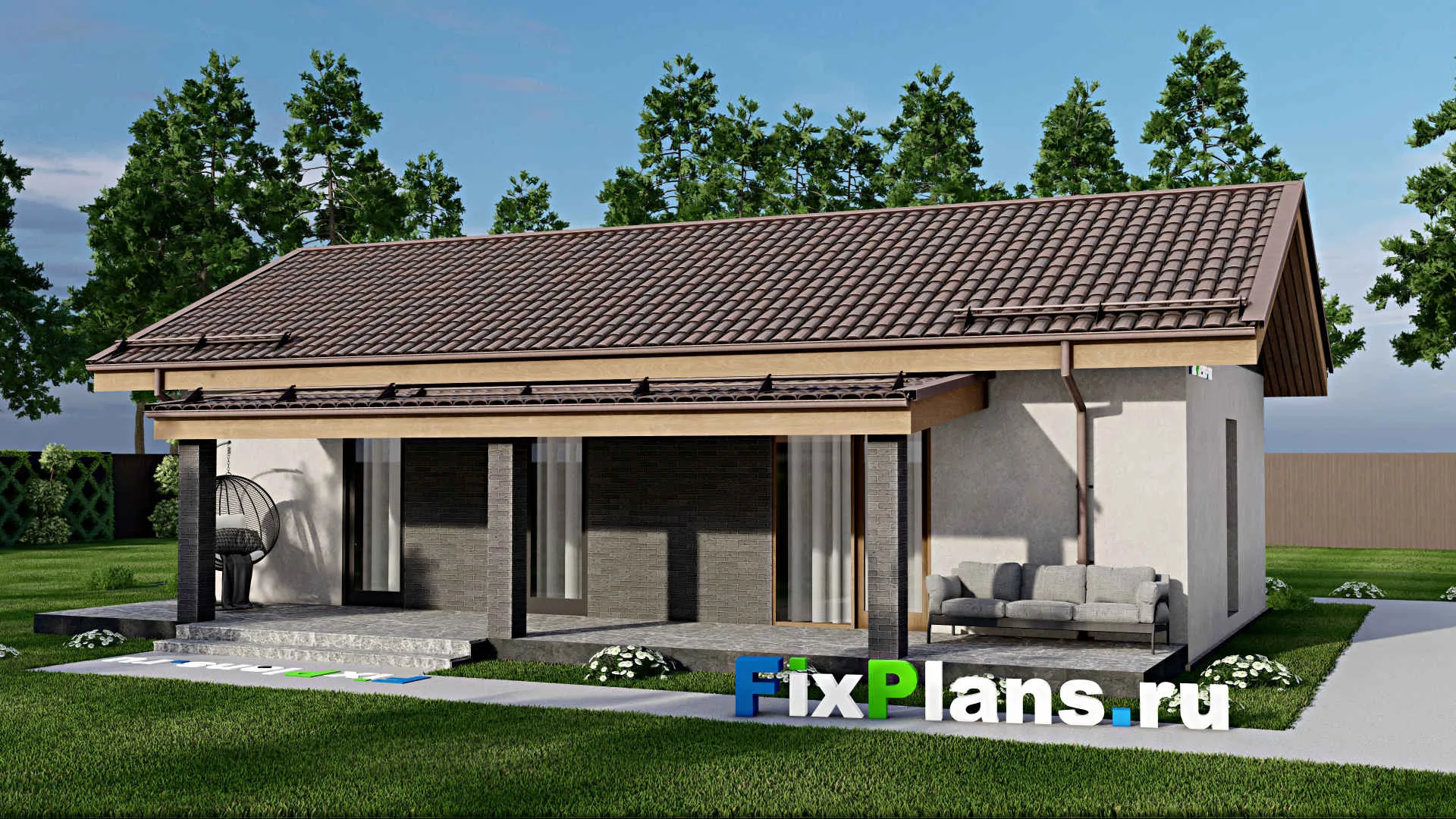 F-7622 - Проект одноэтажного дома 12 на 14, площадью 120 м² с террасой и 3 спальнями