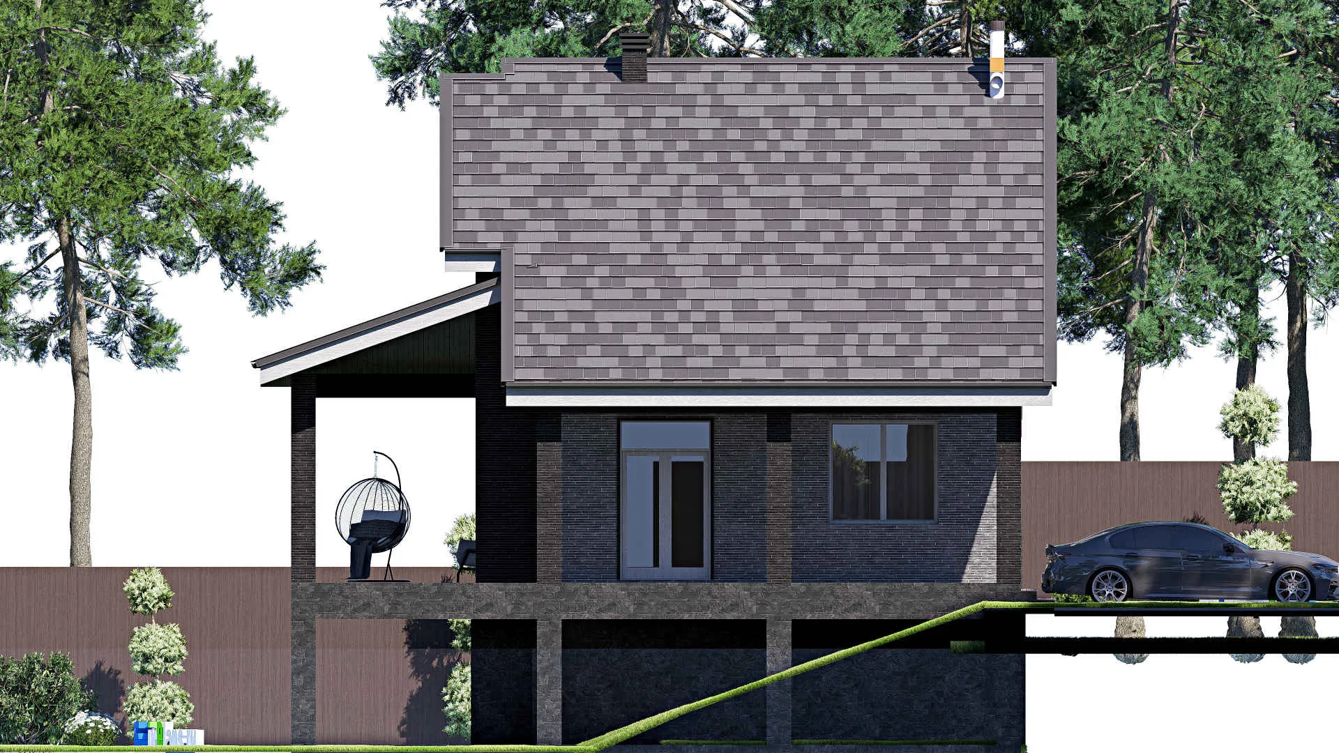 F-18980 - Проект дома с мансардой 12 на 16, площадью 230 м² с террасой, цокольным этажом и 3 спальнями
