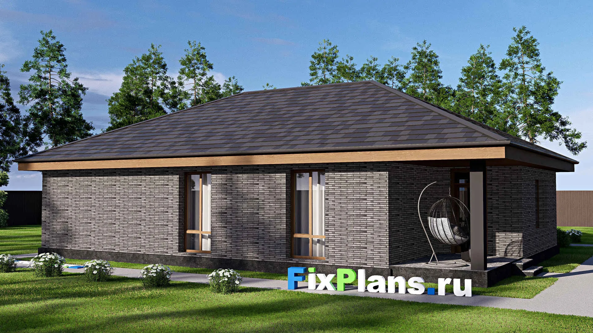 F-19187 - Проект одноэтажного дома 13 на 16, площадью 140 м² с террасой, гаражом на 2 машины и 2 спальнями