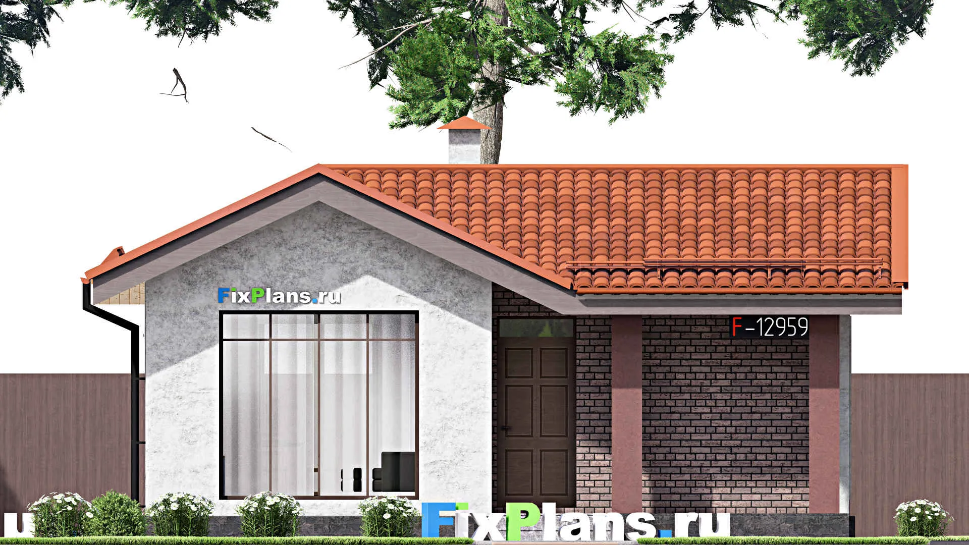 F-12959 - Проект одноэтажного дома 9 на 9, площадью 60 м² с террасой и 2 спальнями