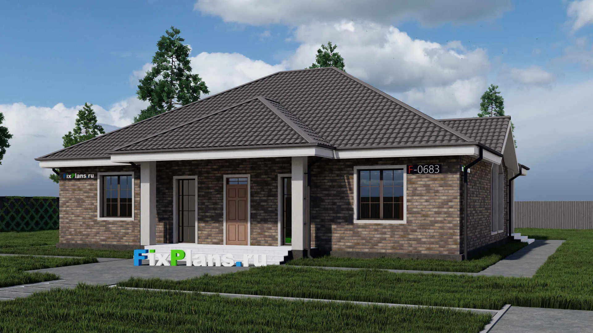 F-0683 - Проект одноэтажного дома 14 на 16, площадью 190 м² с террасой и 3 спальнями