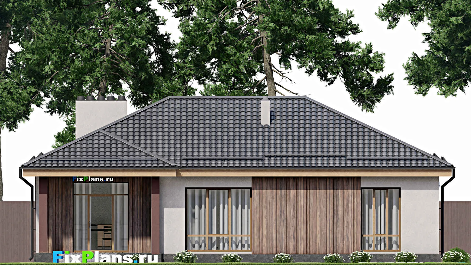 F-7856 - Проект одноэтажного дома 15 на 16, площадью 150 м² с террасой, гаражом на 1 машину и 2 спальнями