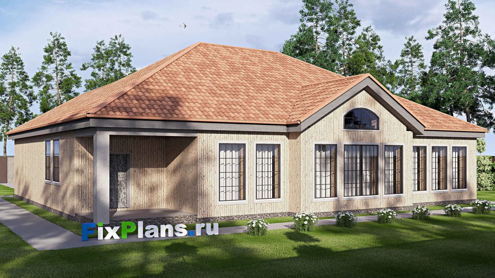 F-20150 - План одноэтажного дома 18 на 20, площадью 270 м² с террасой, гаражом на 2 машины и 2 спальнями