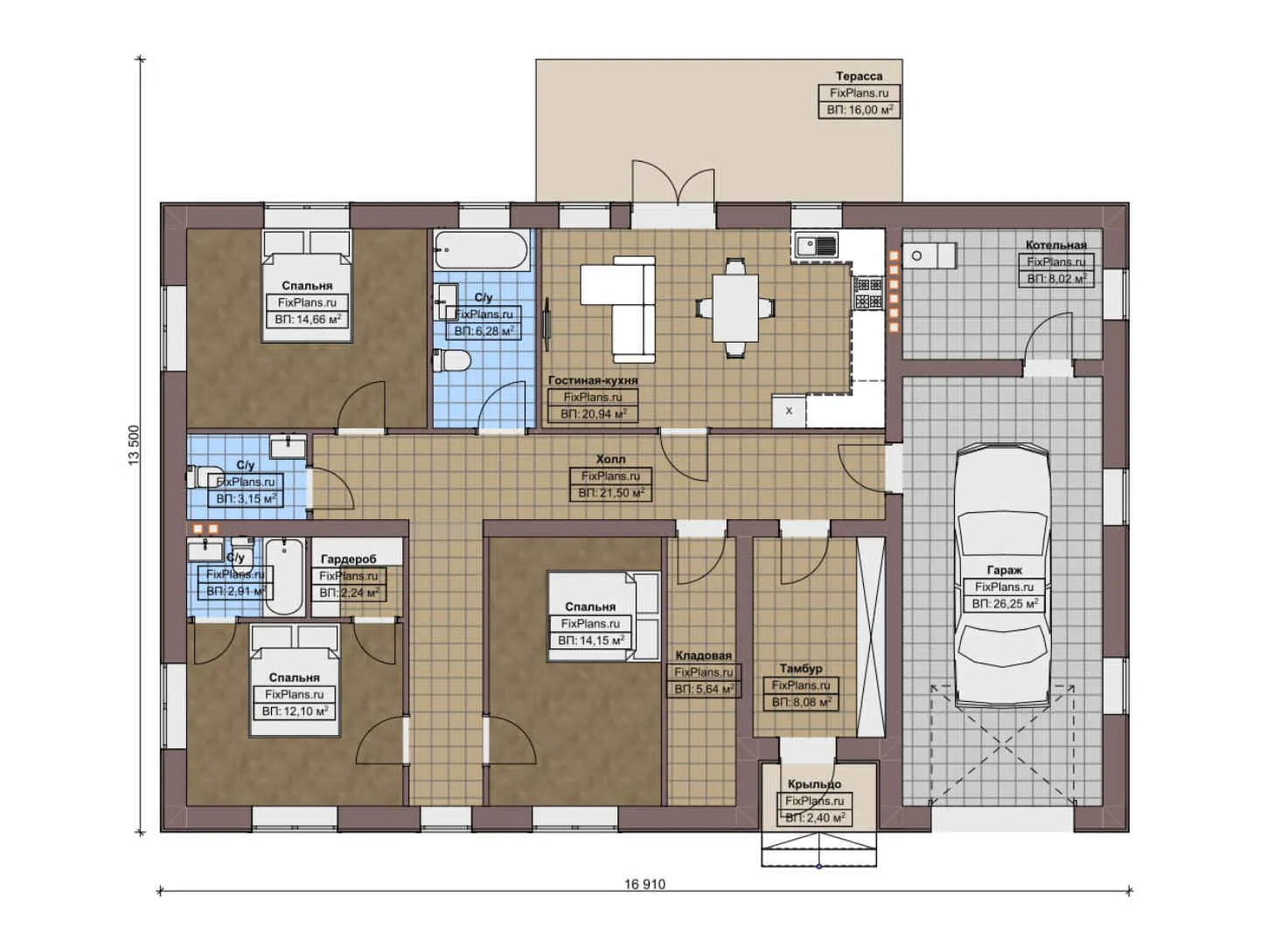 F-7181 - План одноэтажного дома 14 на 17, площадью 170 м² с террасой, гаражом на 1 машину и 3 спальнями