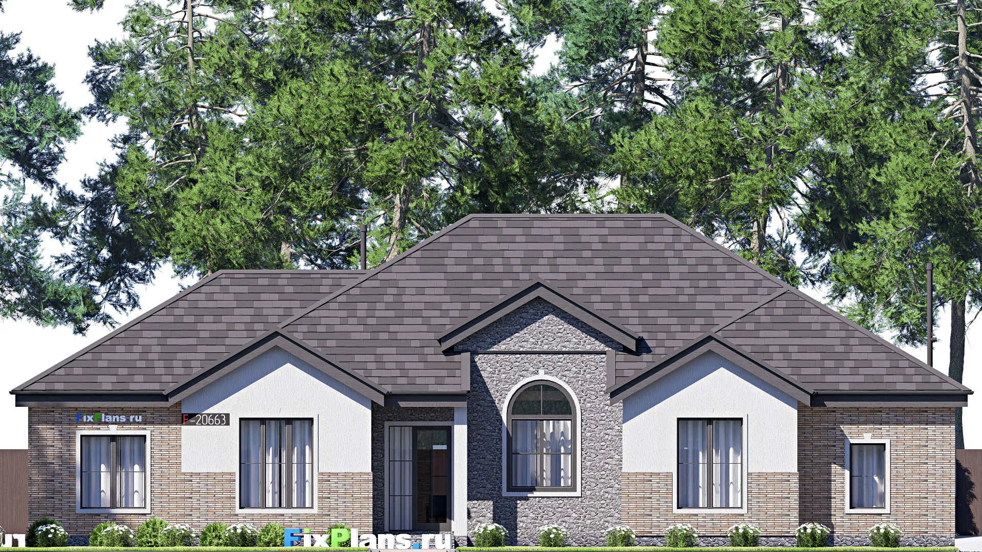 F-20663 - Проект одноэтажного дома 20 на 22, площадью 270 м² с террасой, гаражом на 2 машины и 4 спальнями