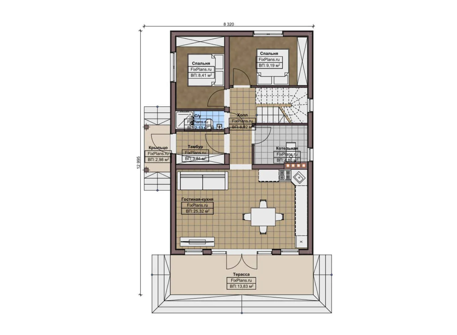F-9953 - Планы двухэтажного дома 9 на 13, площадью 140 м² с террасой и 6 спальнями