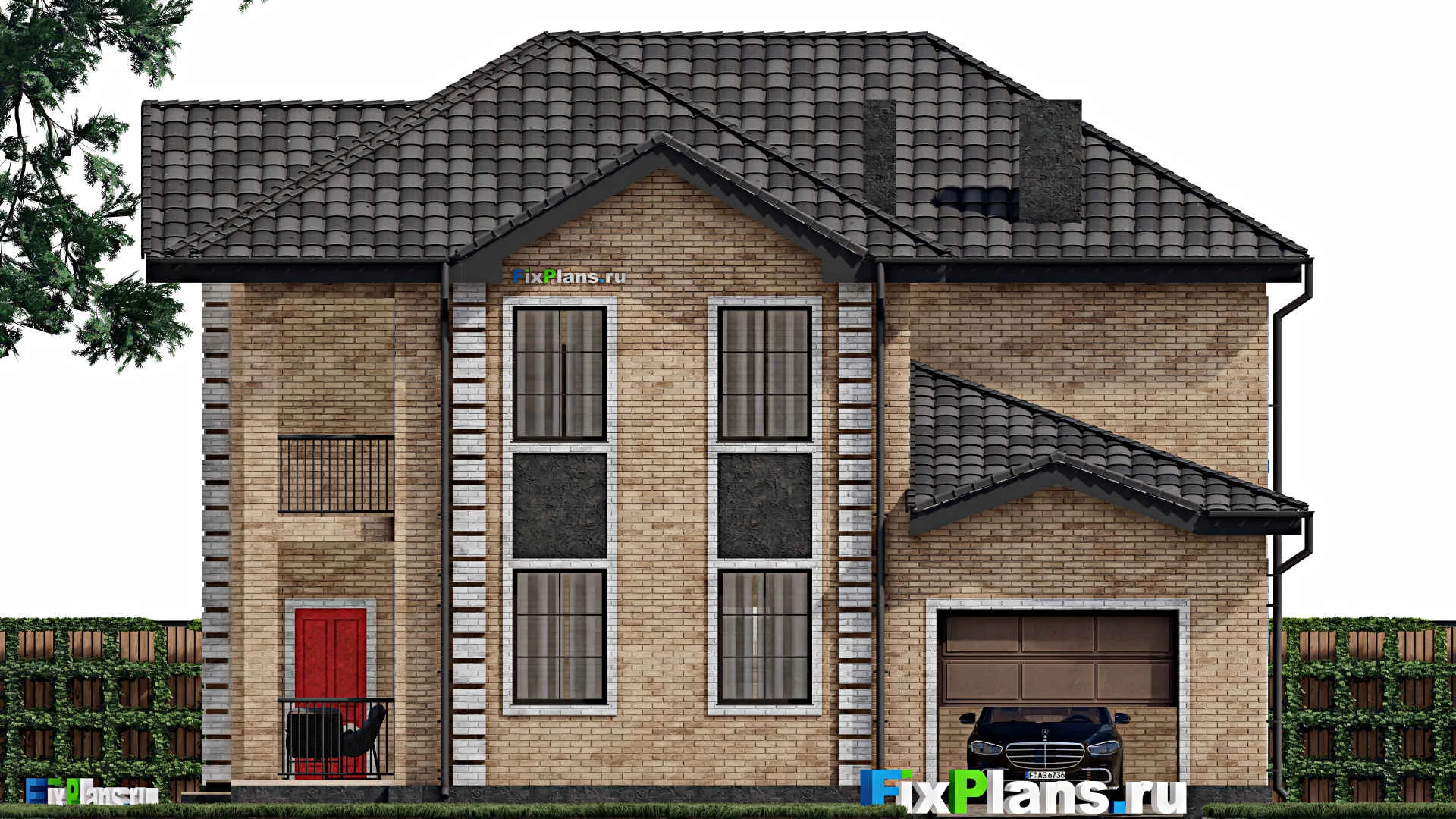 F-0620 - Проект двухэтажного дома 13 на 15, площадью 270 м² с террасой, балконом, гаражом на 1 машину и 4 спальнями