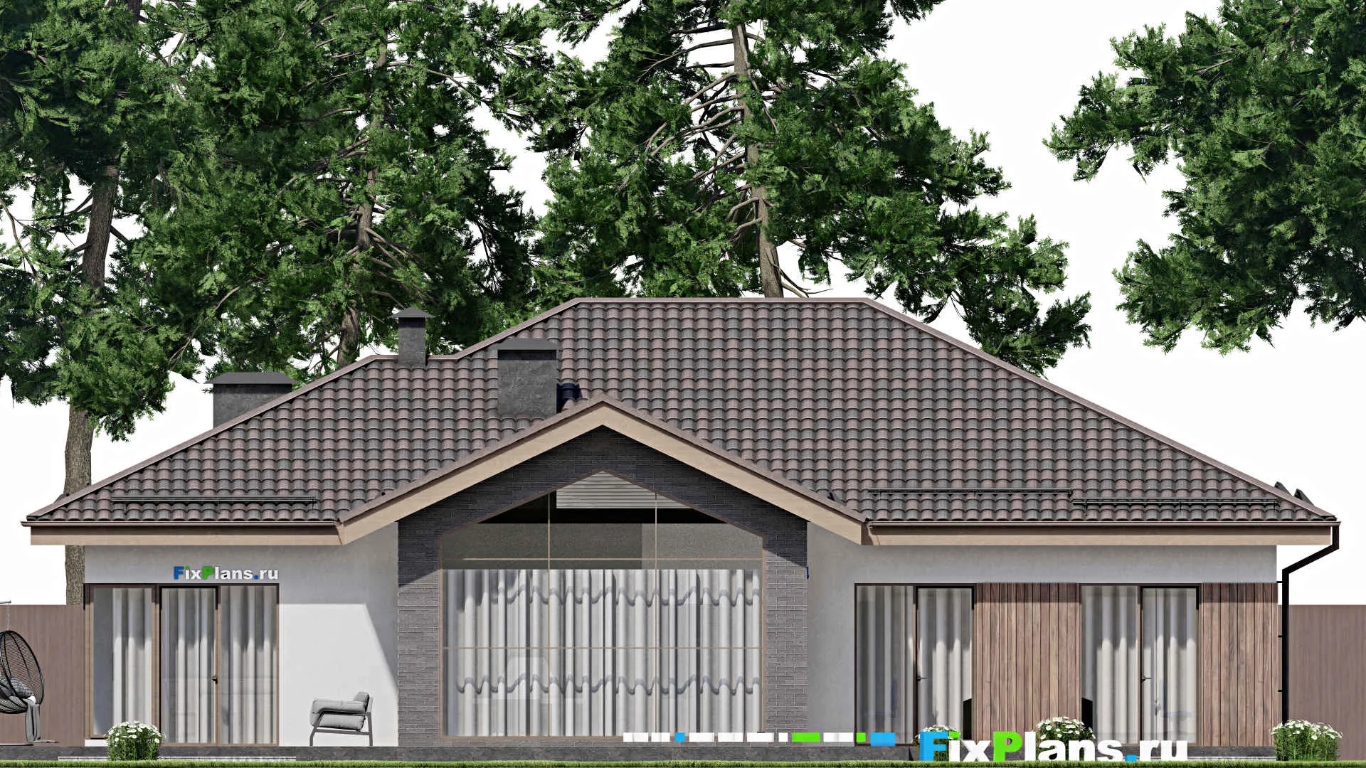 F-6434 - Проект одноэтажного дома 18 на 21, площадью 330 м² с террасой, гаражом на 2 машины и 4 спальнями