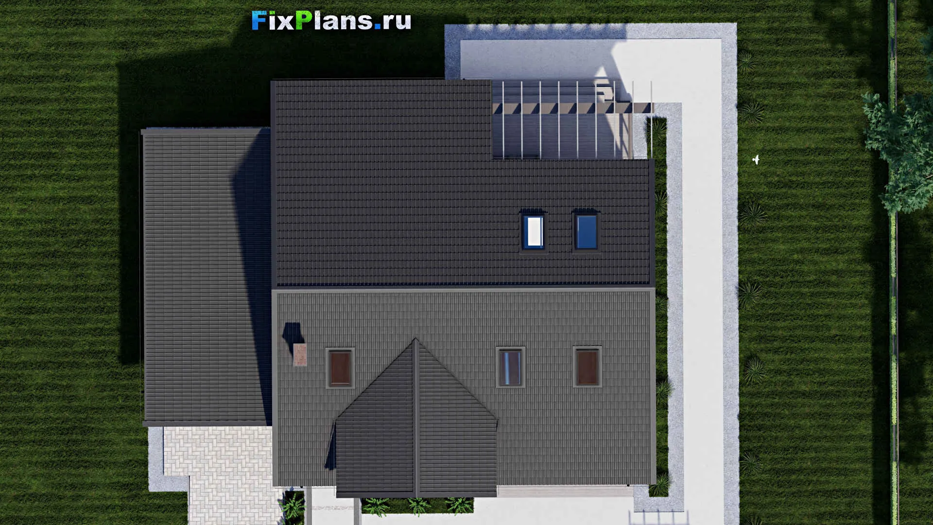 F-0062 - Проект дома с мансардой 14 на 18, площадью 280 м² с террасой, гаражом на 2 машины и 3 спальнями