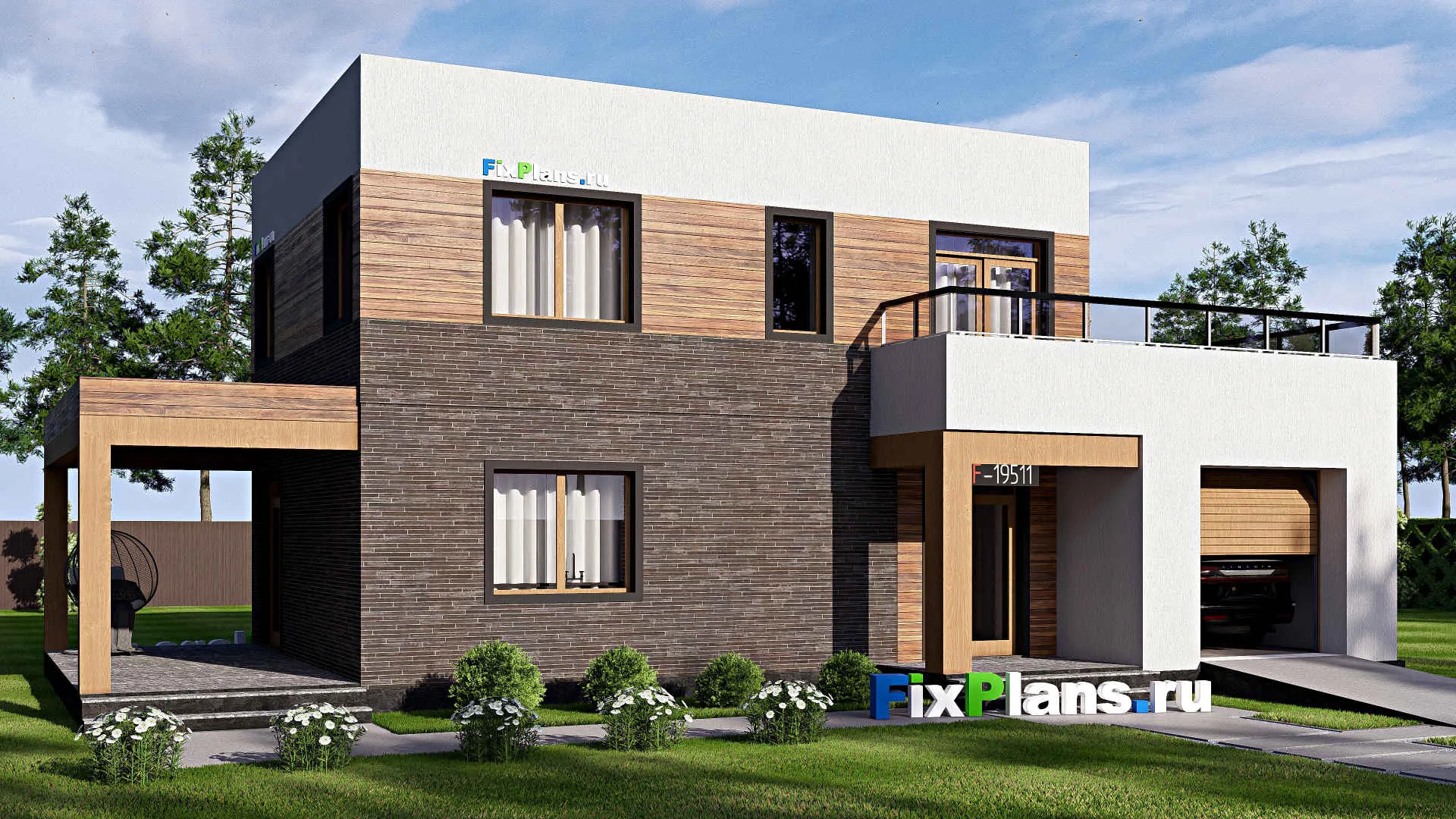 F-19511 - Проект двухэтажного дома 10 на 17, площадью 160 м² с террасой, гаражом на 1 машину и 3 спальнями