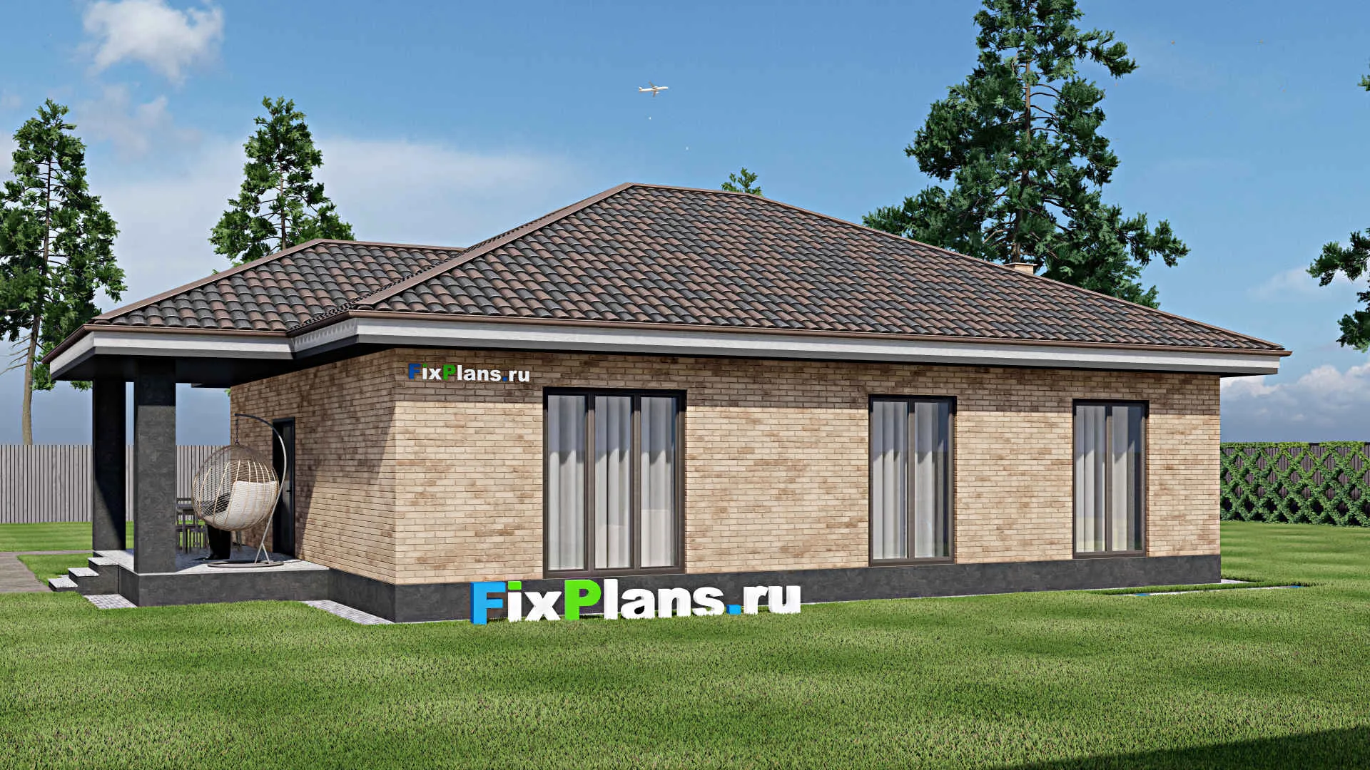 F-1448 - Проект одноэтажного дома 14 на 20, площадью 170 м² с террасой, гаражом на 1 машину и 3 спальнями