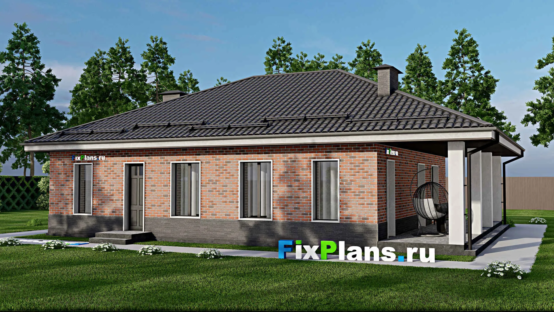 F-5444 - Проект одноэтажного дома 12 на 13, площадью 140 м² с террасой и 2 спальнями